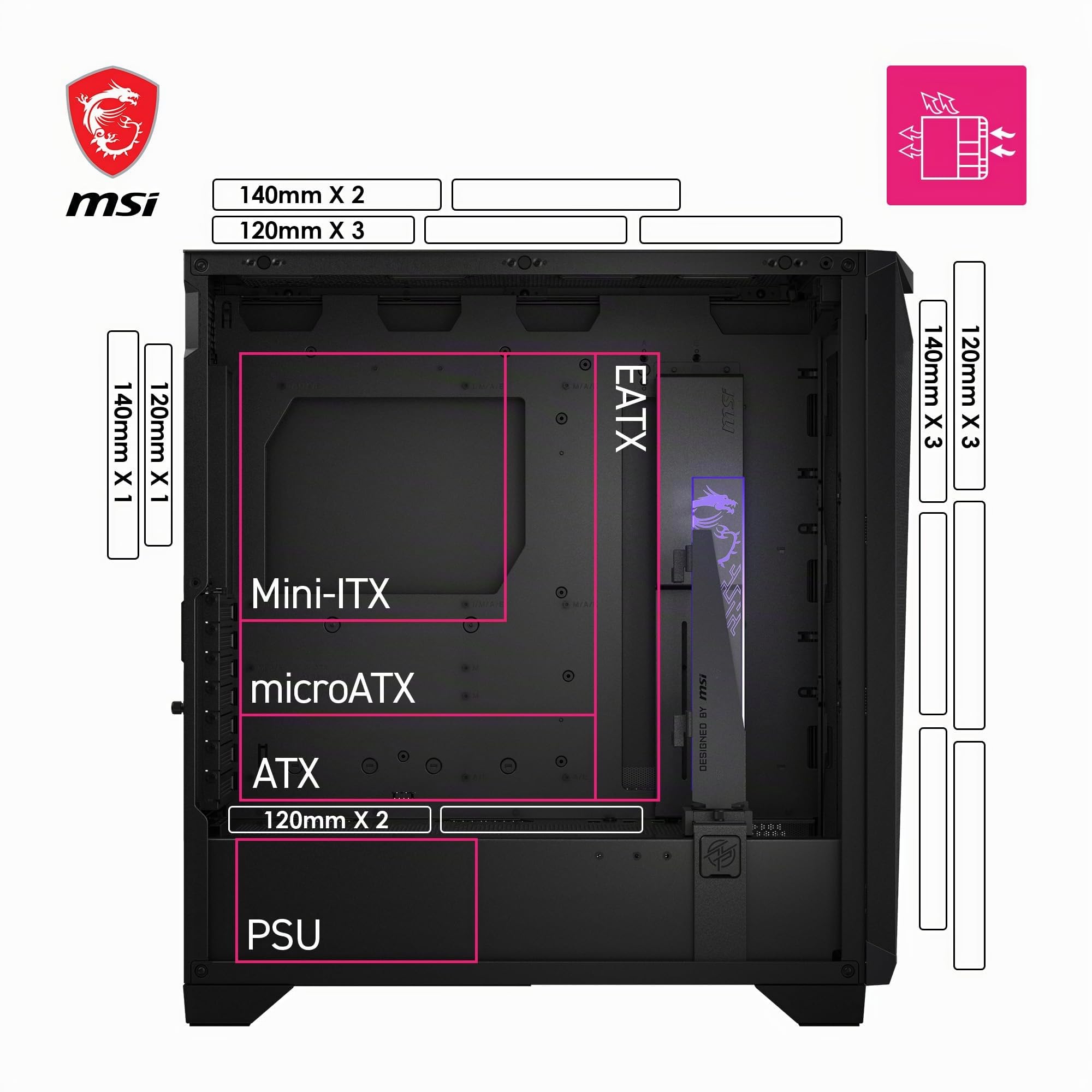 Msi MPG Gungnir 300P Airflow Caja PC Mid-Tower Capacidad E-ATX, 4 x 120 mm Fans, 3 Auxiliares Fans, PCIe 4.0 Cable Riser, Soporte Vertical GPU y Stand, Filtros Antipolvo, Guía de Cables, USB Tipo-C