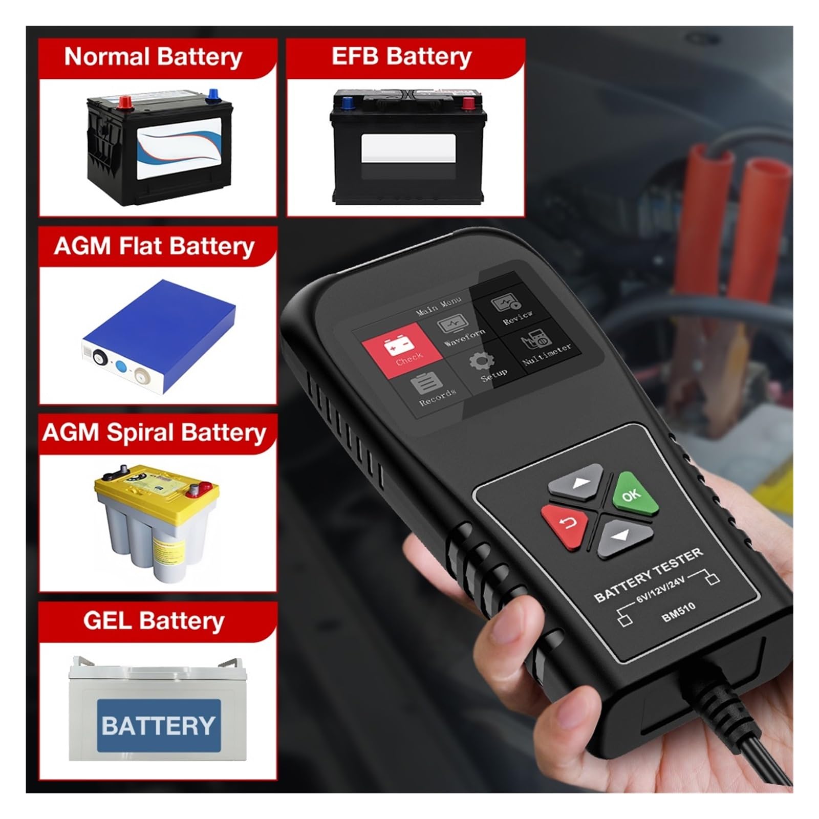 Tester Akumulatora Samochód Motocykl Ciężarówka 6V 12V 24V Akumulator Cyfrowe Narzędzie Diagnostyczne Rozruchowy Obwodu Ładowania łAtwy W UżYciu(BM510)