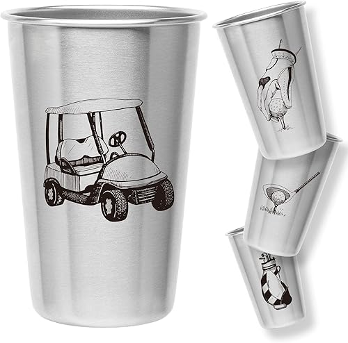 Vasos de golf  Acero inoxidable (juego de 4)  Capacidad de 16 oz  Regalo único para papás, hombres y premio para golfistas. Los diseños incluyen
