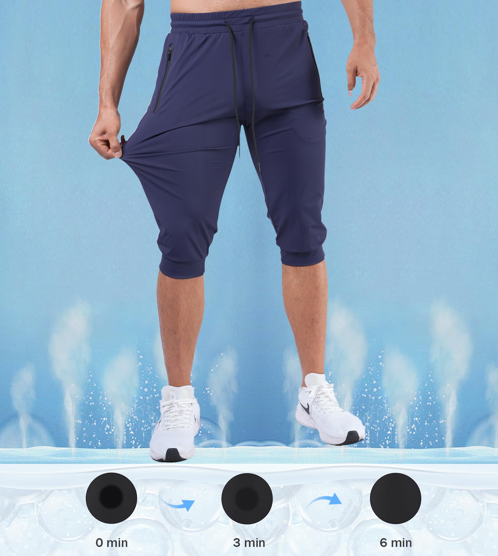 Fioboc 3/4-Jogginghose für Herren mit Reißverschlusstaschen, Caprihose, schnell trocknend, Herren-Sweathose, Kordelzug, verstellbare Trainingshose