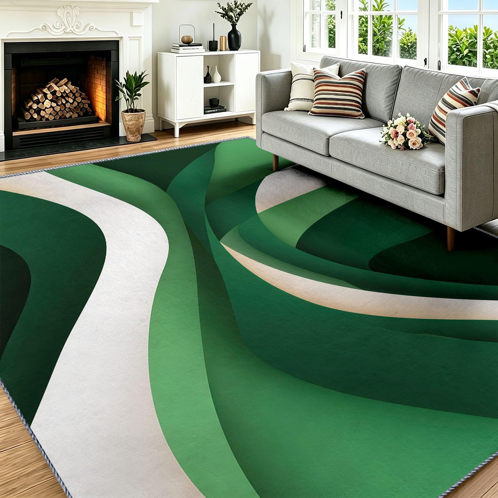 Tapis géométrique moderne vert pour salon et chambre chaleureuse