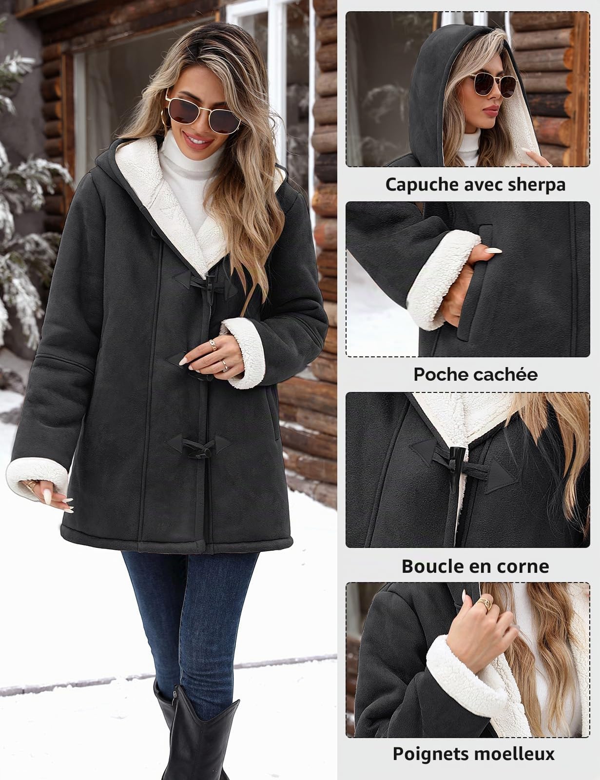 Yuson Girl Veste Polaire Femme Sweat à Capuche Chaud Doublure Faux Suède Manteaux Boucles Épais Hoodie Sweatshirt Veste à Manches Longues Automne Hiver Outerwear Cardigan avec Poches