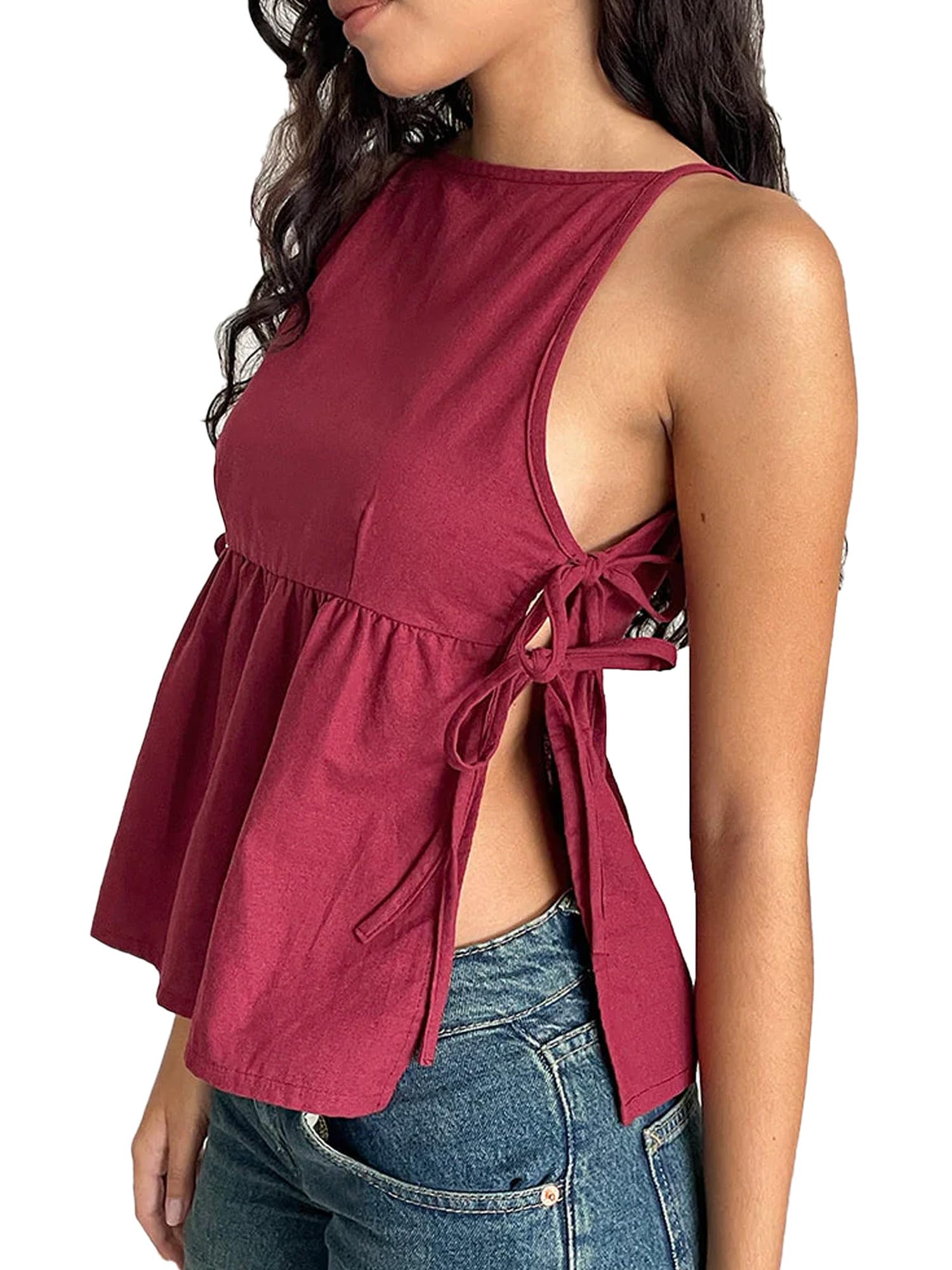 Sexy outfit Damska koszulka typu babydoll z wiązaniem na boku bez rękawów Vintage bez rękawów paski spaghetti koszula z peplum lato wyjściowa odzież typu streetwear top