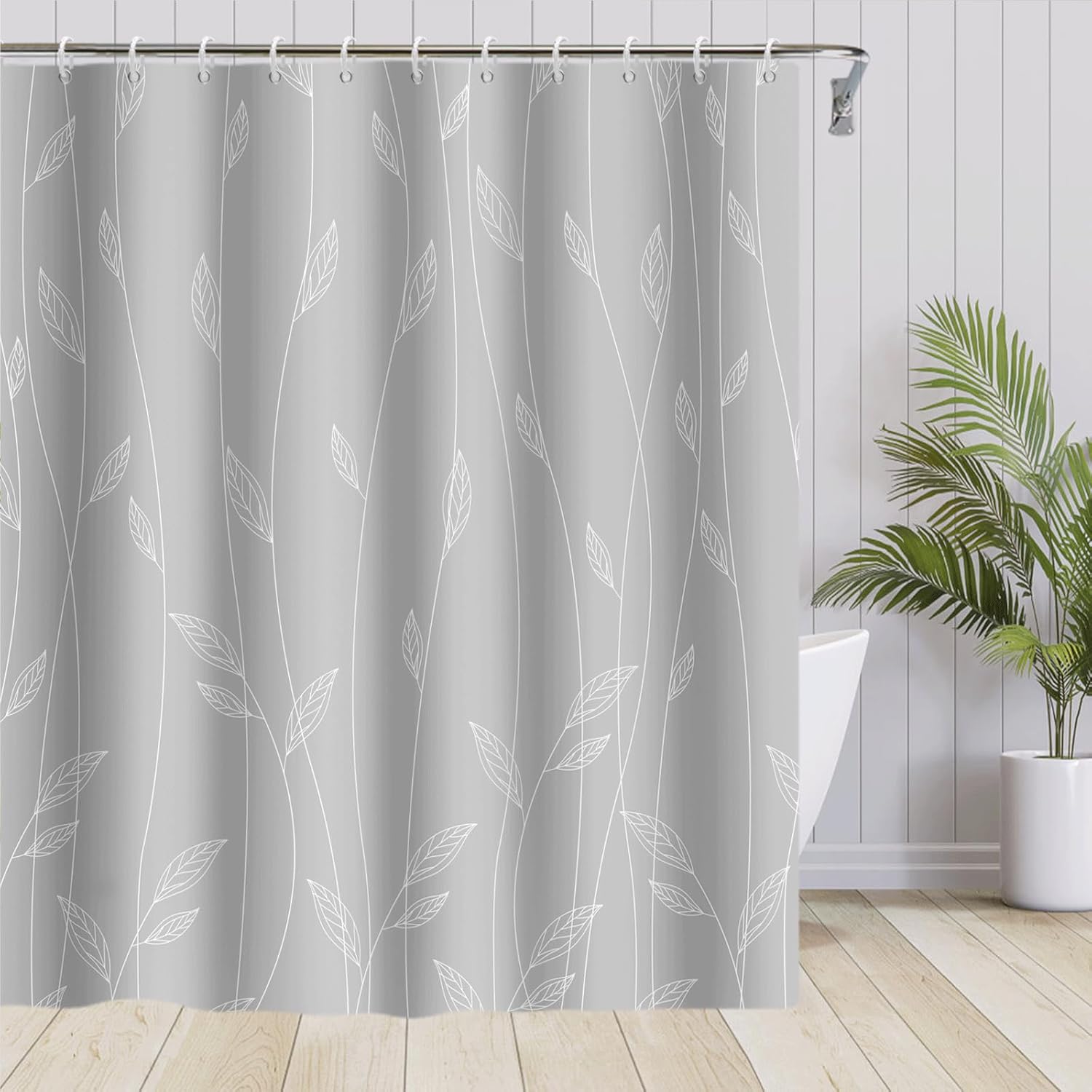 Abstract Leaves Shower Curtain Modern Minimalist Plant Leaves Gray White Bathroom Curtains Waterproof Fabric Boho Geometric Lines Shower Curtain Set with 12 Hooks, 72x84in