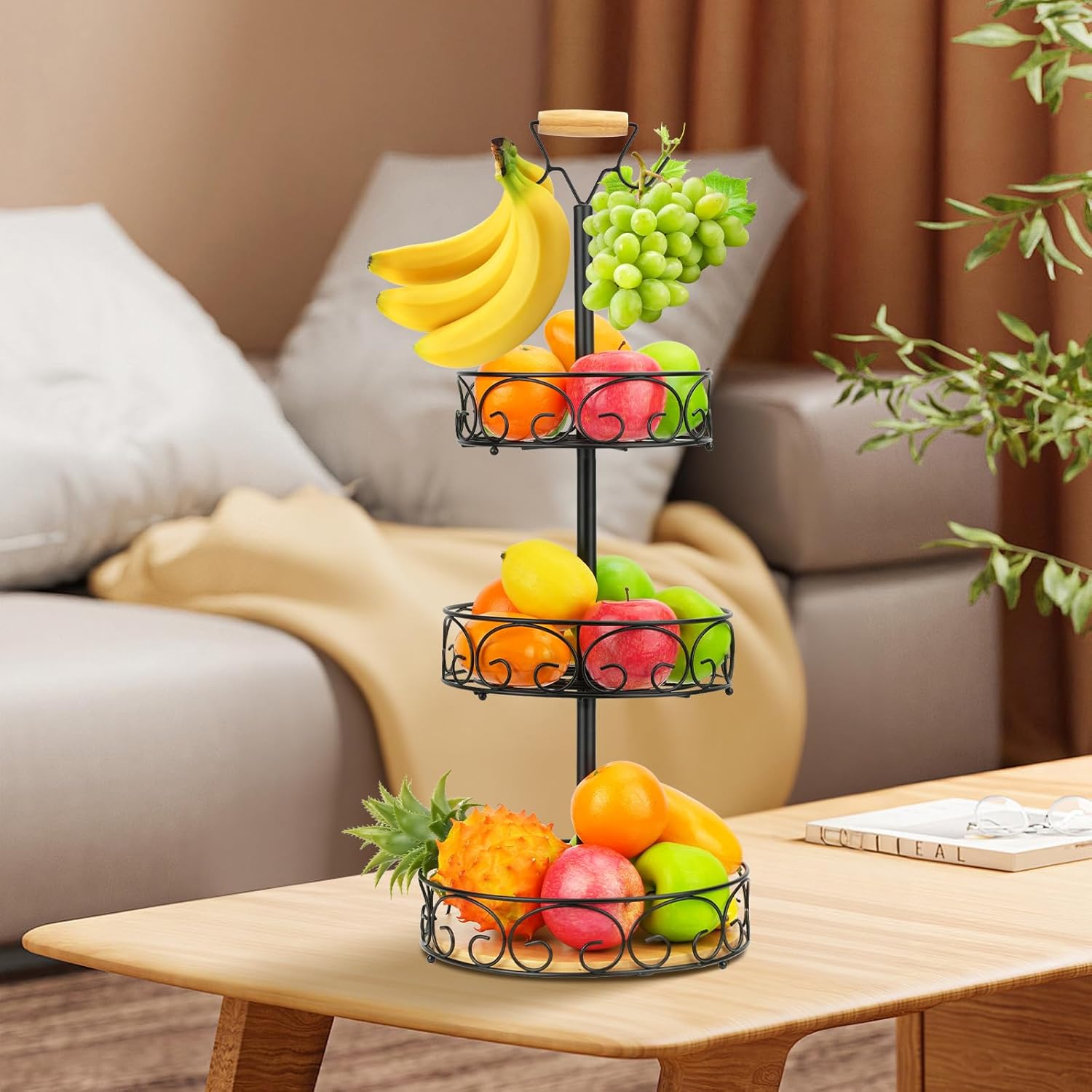 3-Tier Fruit Basket Bowl Vegetable Storage with 2 Banana Tree Hanger for Kitchen Countertop, Tall Metal Wire Basket Holder for Potatoes Bread Onions Black