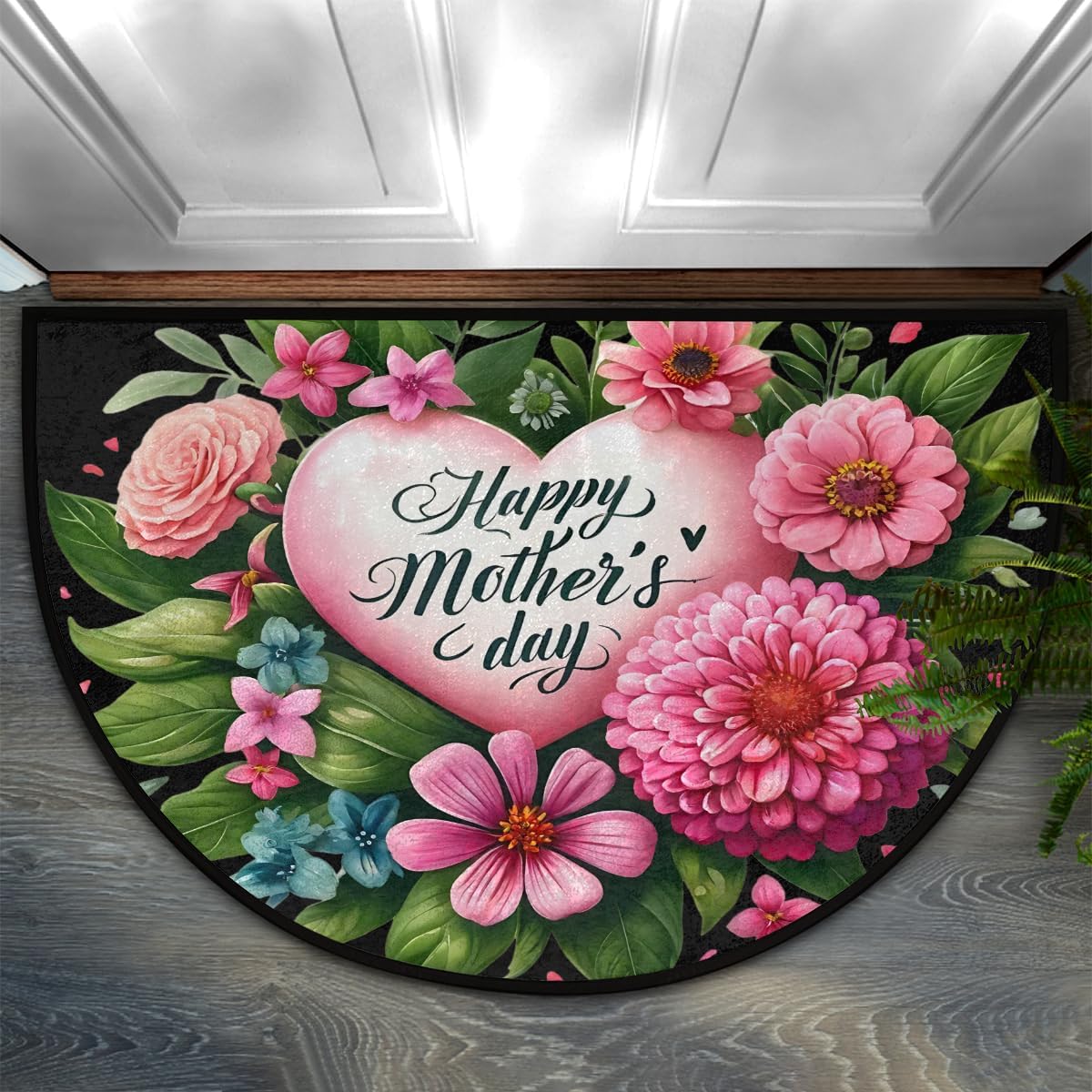 Half Round Doormat Mother's Day Pink Flower Washable Semi Circle Rug Non Slip Absorbent Half Moon Rug Kitchen Mat for Indoor Outdoor Bathroom Patio Front Welcome Fireplace Hearth Floor Mat