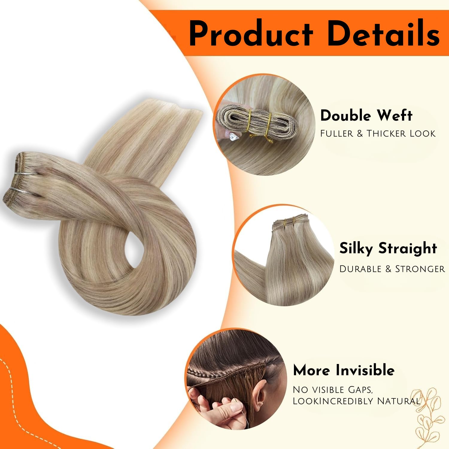 HC 26 Inch Remy Human Hair Weft Extensions – Straight Double Weft Sew-in Hair, Highlight Ash Blonde Mixed with Bleach Blonde, Full Head Bundles