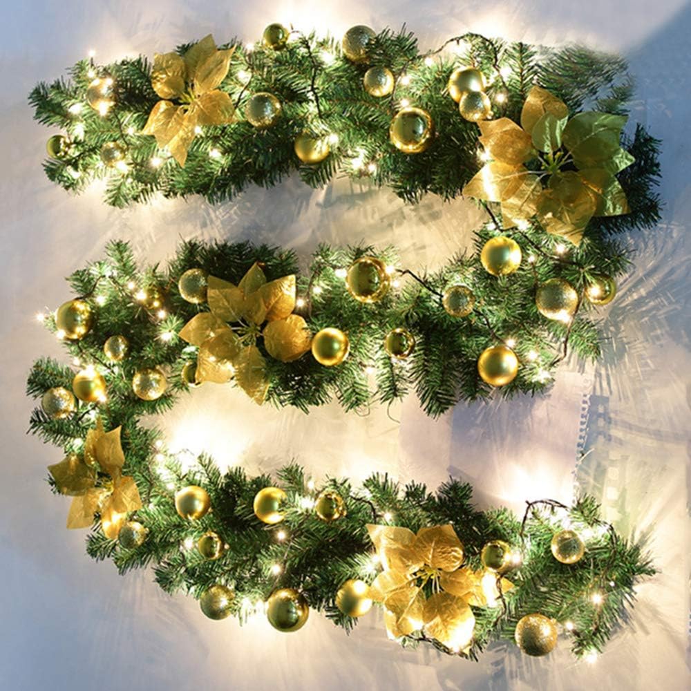 Judy1980 9 FT/2.7M Christmas Garlands Illuminated LED Light Snowflake Pine Cone Bow Ornaments Drcorations Artificial Wreath, Xmas Festive Decors for Stairs Fireplaces (Gold)