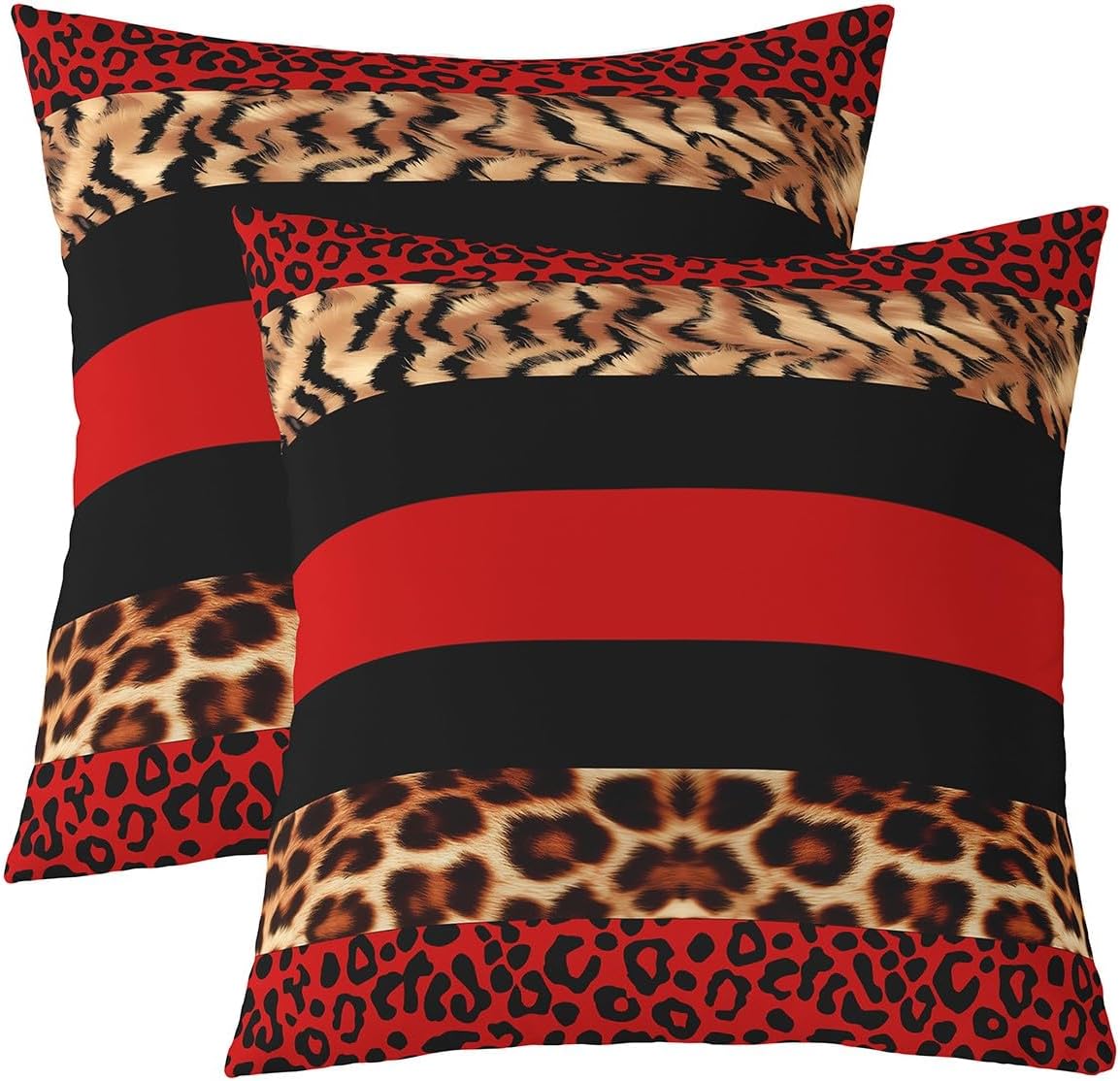Feelyou Leopard Square Cushion Covers Set of 2 Boys Girls 20 x 20-Inch Fur Print Red Black Reversible Throw Pillow Covers for Kids Safari Pillow Covers Home Decor Animal Room Decor