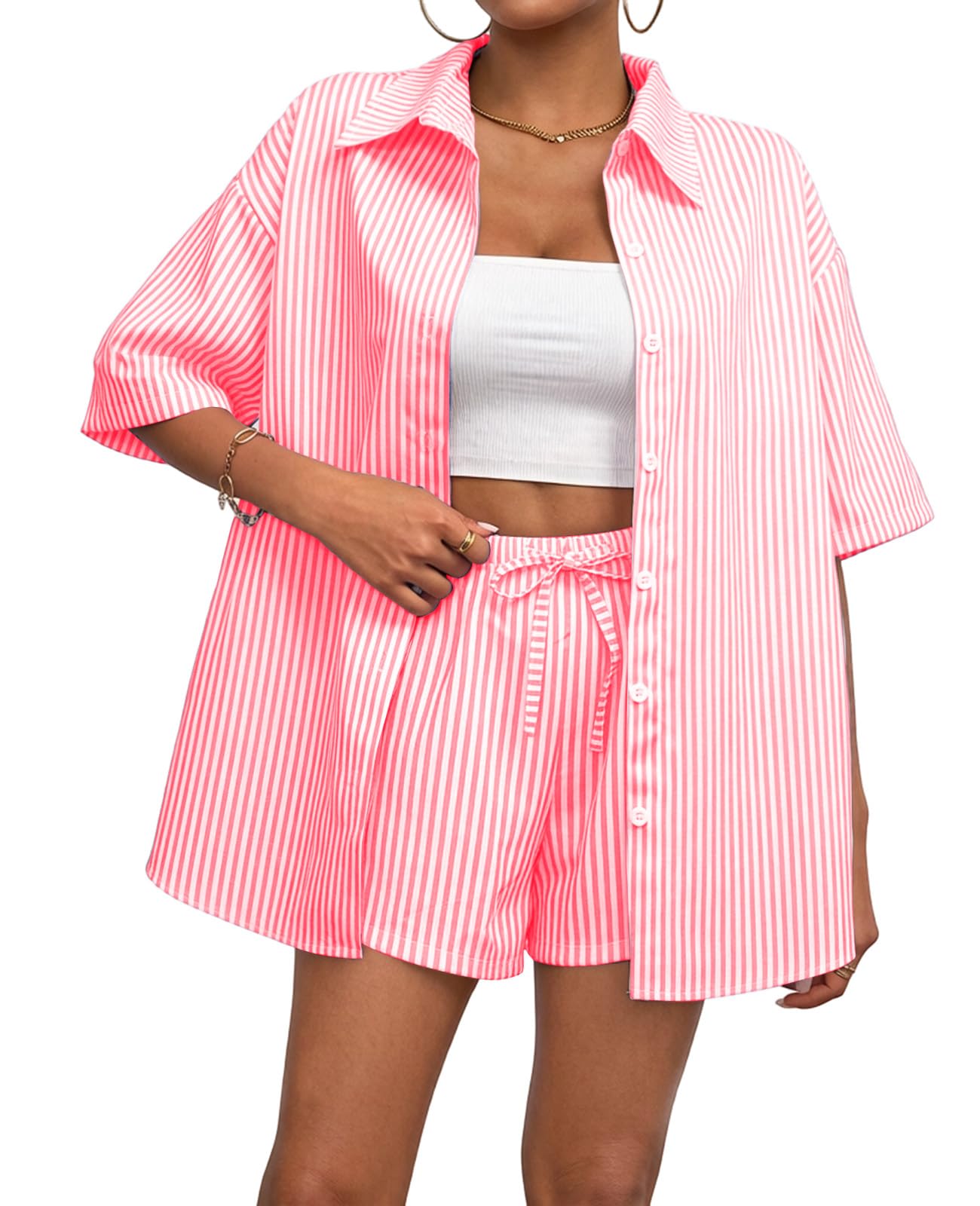 Rayson Ensemble Short Deux Pièces Femme Ete Rayé Survetement Chemise à Manches Courtes et Short à Cordon Tenue Femme Été Vetement pour Casual Plage Travail