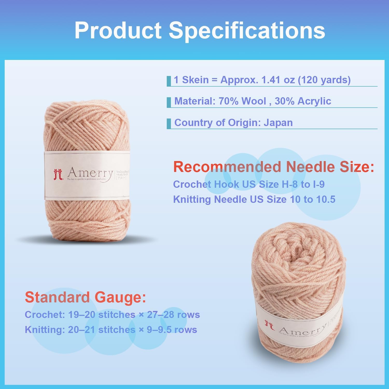 Hamanaka Amerry Yarn 5 Skein Set, Medium Weight Worsted, 70% New Zealand Merino Wool 30% Acrylic Blend, Soft and Easy-to-Knit Yarn for Knitting and Crochet, Made in Japan (Col. 28)