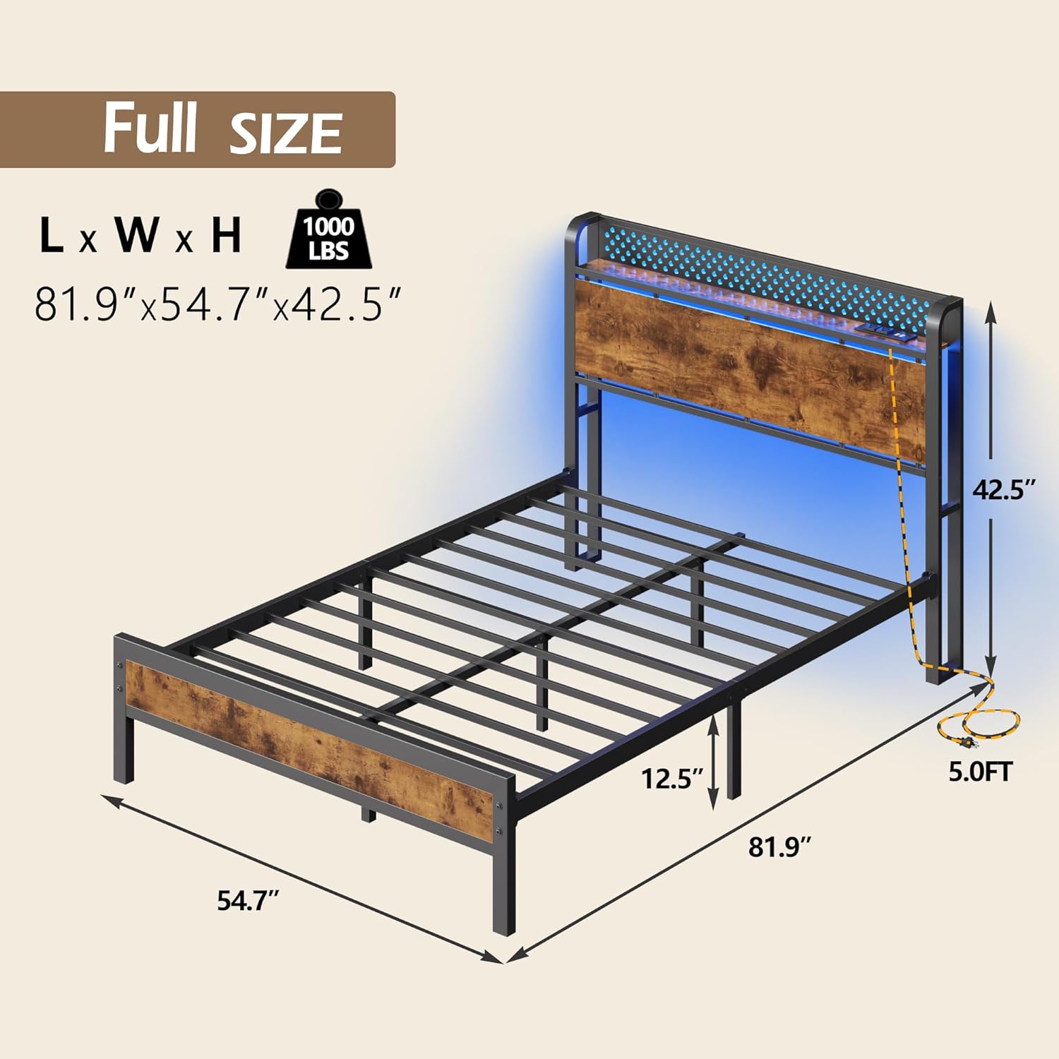 Furnulem Full Size Bed Frame with Storage Headboard, Industrial Platform Bed with Charging Station and LED Lights, Heavy Duty Metal Slats, No Box Spring Need, Noise Free