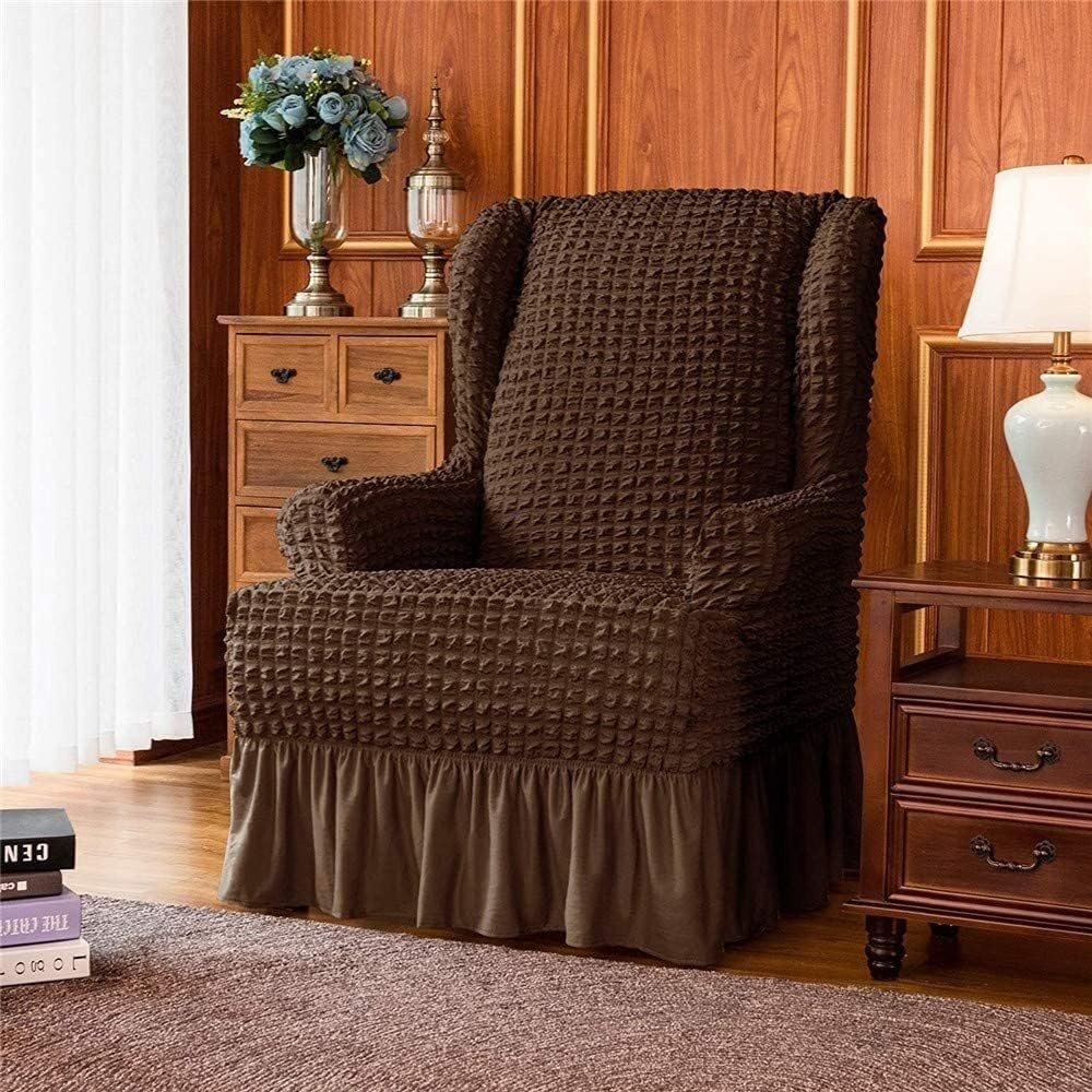 Stretch Slipcover with Skirt 1-Piece Universal Easy Fitted Wingback Chair Slipcover with Elegant Ruffle High Elastic Seersucker Wing Back Chair Cover (Color : Brown)