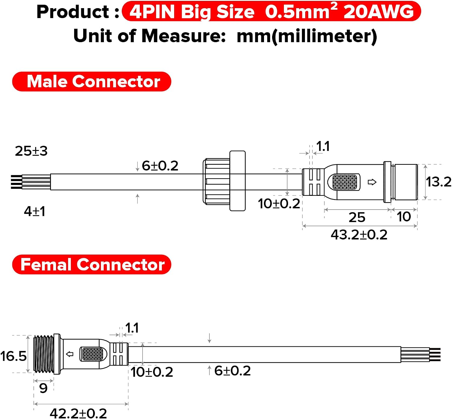 BTF-LIGHTING 5PCS 6.56ft 2meter 4 Pin 0.5mm²/20AWG IP65 Extension Cable Wire with Male and Female Connectors at Both Ends for RGB 5050 WS2815 WS2805 SK9822 etc LED Strip 22mm nut Big Size