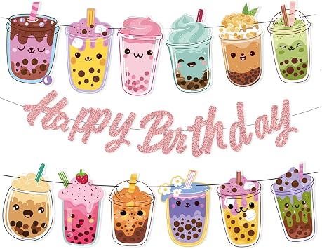 3 Pcs Boba Tea Party Banners for Bubble Tea Party Decorations Boba Tea Birthday Party Supplies