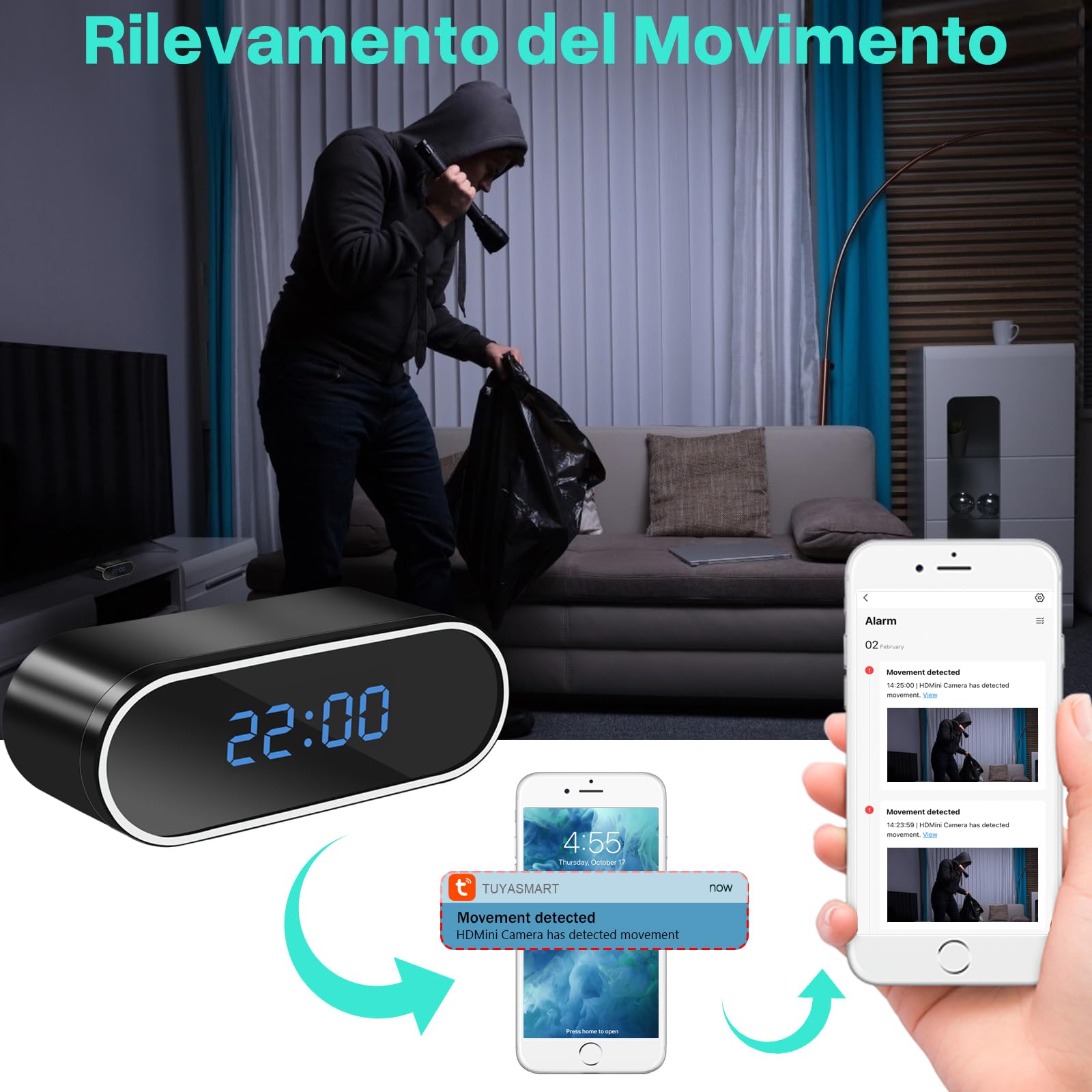 Orologio Telecamera Spy HD 1080P, Microcamera Nascosta Camuffata per Interni, Mini Telecamera Spia WiFi 2.4/5G Visione Notturna, Movimento Rilevamento, 135° Grandangolo Ottima per Casa/Ufficio