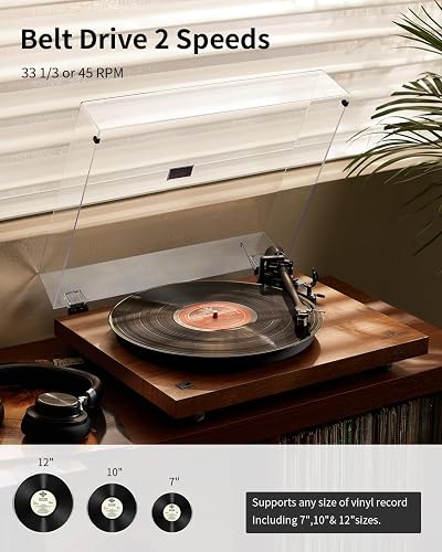 ANGELS HORN Platine Vinyle, Tourne Disque Bluetooth, Tourne Disque Vinyle avec Cartouche Magnétique AT-3600L à 2 Vitesses 33 + 45 TR/Min, Prise en Charge de la Sortie RCA - 2