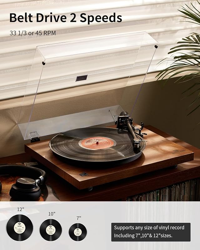 ANGELS HORN Lemezjátszó Bluetooth Előerősítővel, Szalaghajtás 33/45 RPM