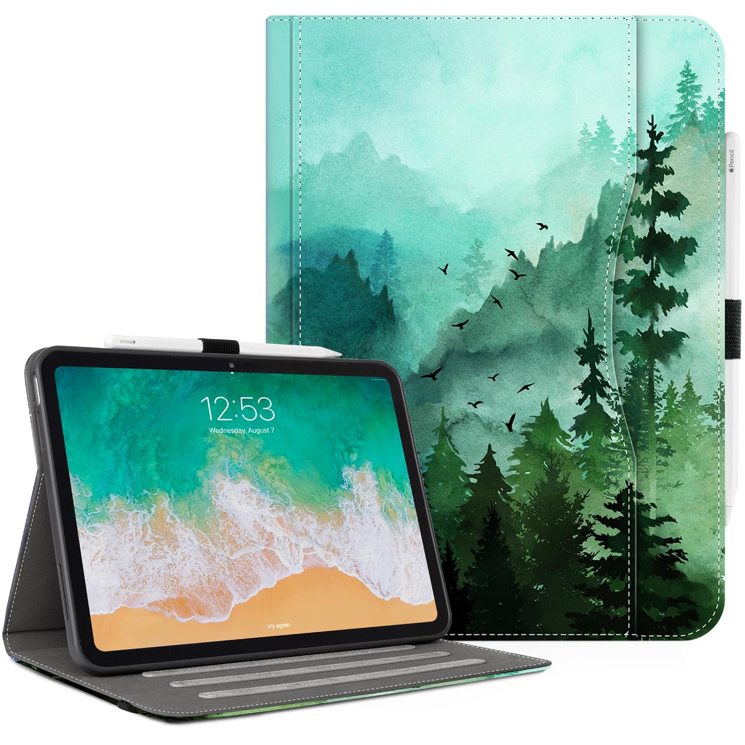 Lokigo Case for iPad (A16) 11th Generation 11 Inch 2025, for iPad 10th Generation 10.9 Inch 2022, Build with Pencil Holder/Hand Strap/Pocket, Shockproof 11th/10th Gen Stand Cover, Green Forest