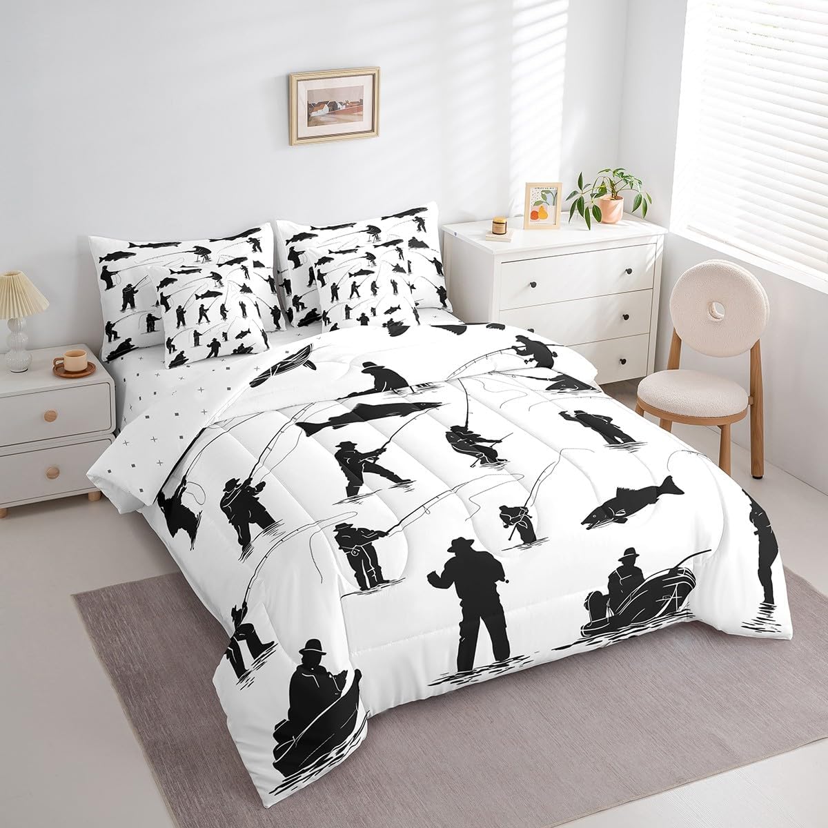 Erosebridal Fishing Rod Bed in a Bag Queen Comforter Set 7 Piece,Fishing Gear Bedding Sets Fish Angle Angling Sheet Set with Comforter