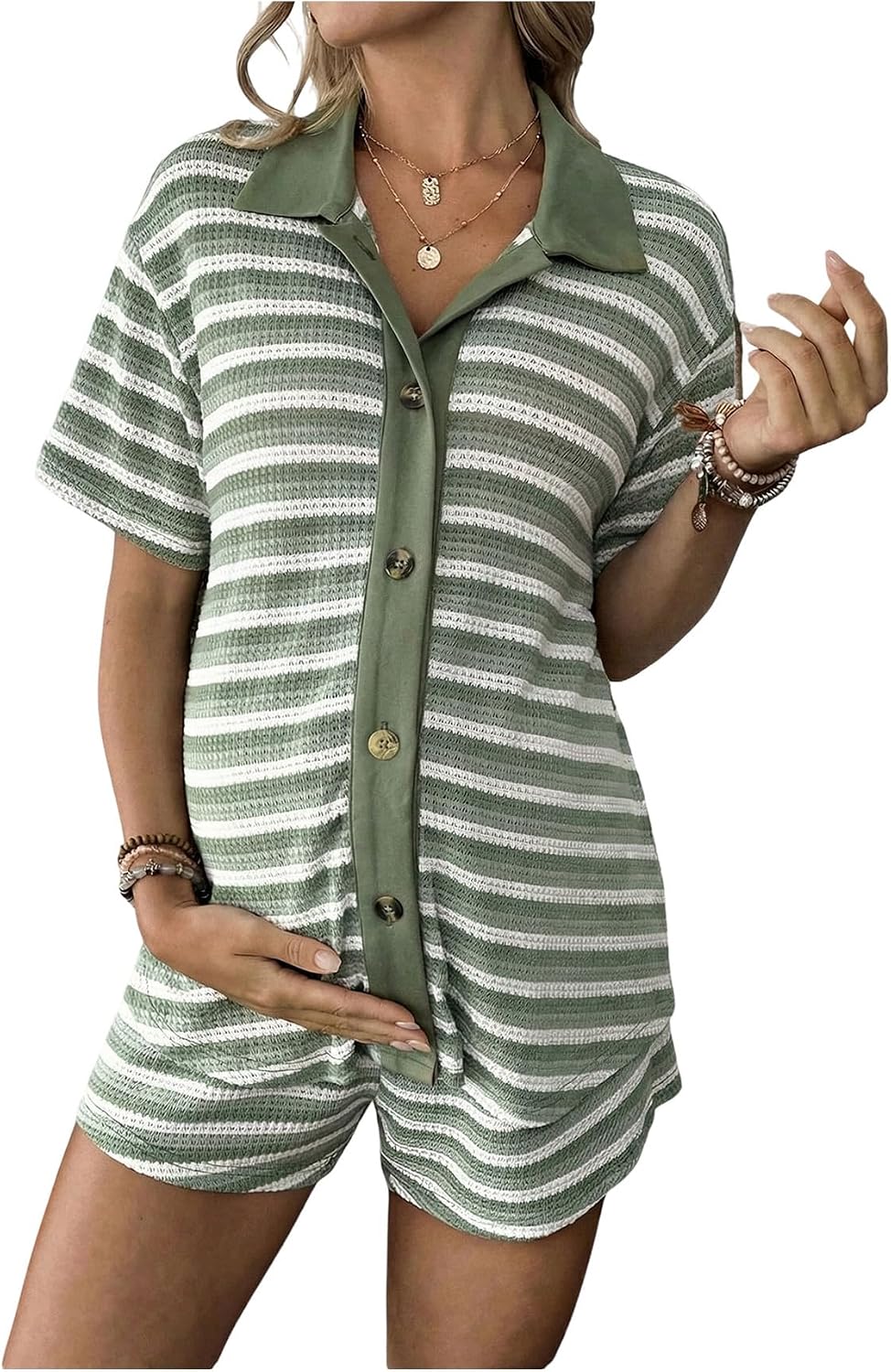 MakeMeChic Women's Maternity 2 Piece Summer Outfits Striped Button Down Shirt and Mini Shorts Pregnancy Sets