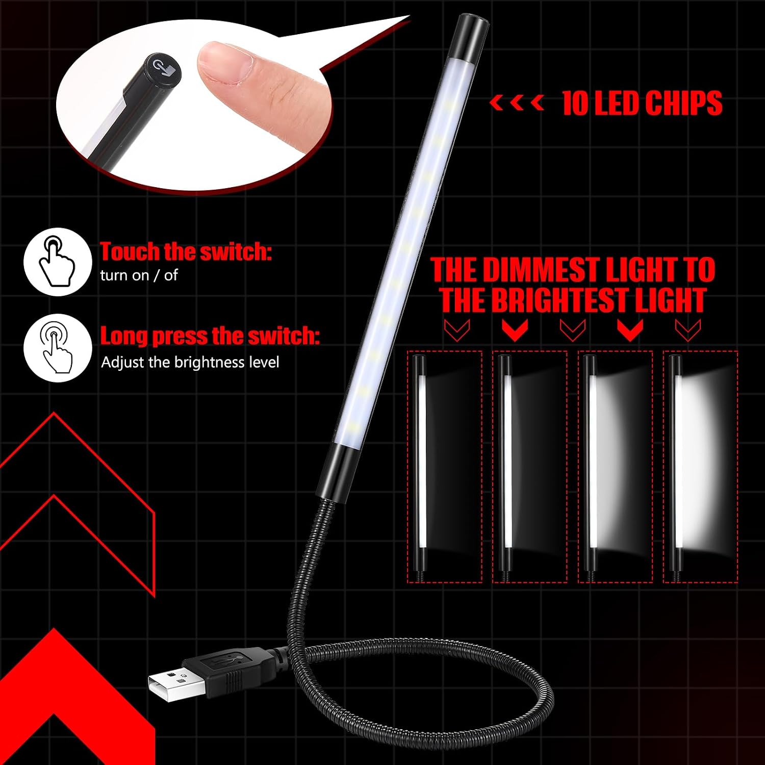 Tujoe 2 Pieces USB LED Light for Laptop Keyboard Gooseneck Light Computer Lamp Flexible Stick Dimmable LED Lamp Touch Switch for Reading Book(Black)