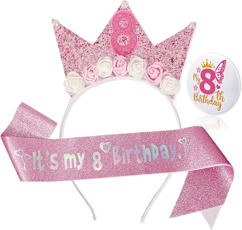 5th Birthday Decorations Girl, 5th Birthday Girl Sash and Badge, Pink Birthdays Crown Headband for Princess Party Decorations, Girls Glitter Hair Band Gifts