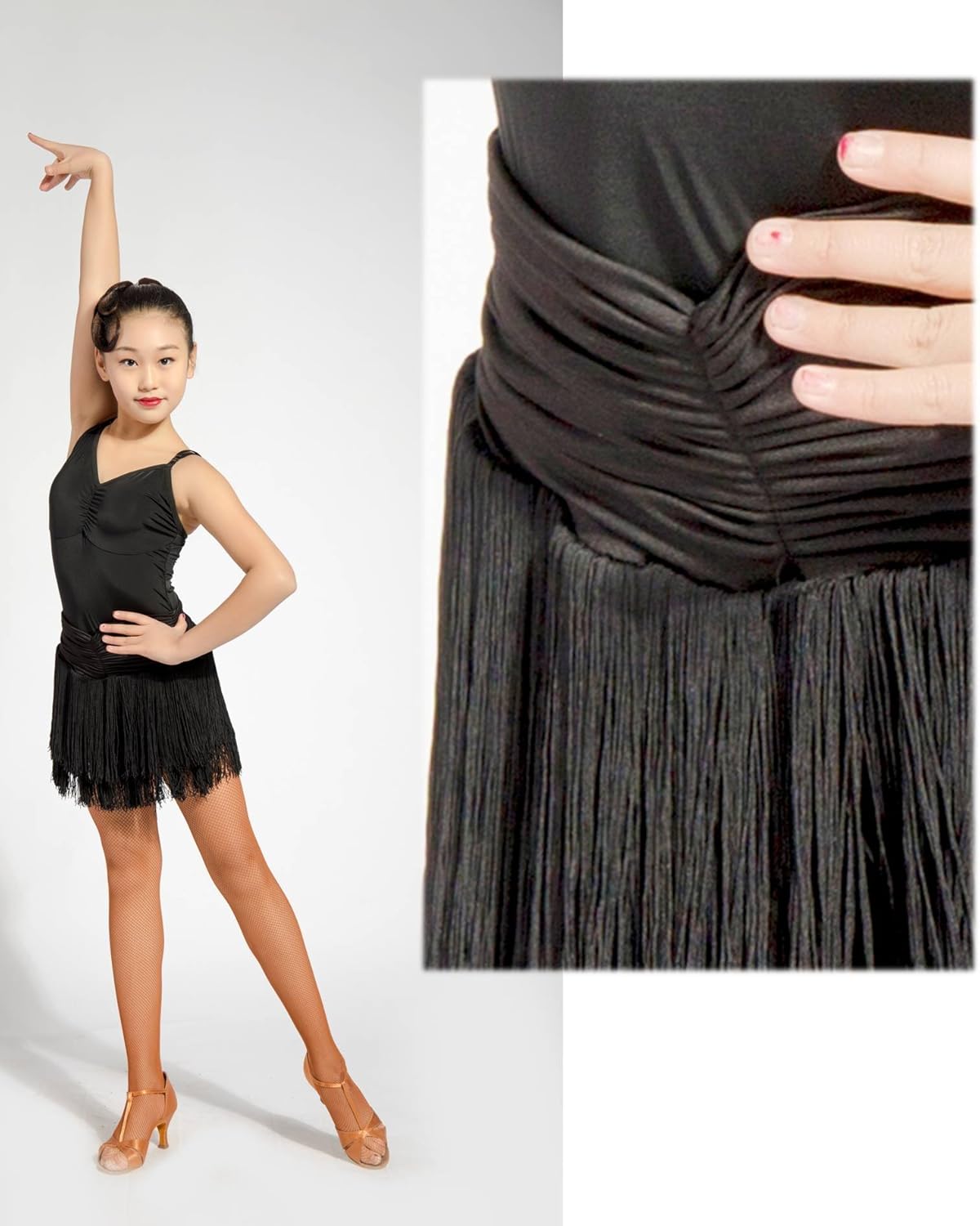 GD2002 Kid Latin Ballroom Dance Professional Pleated Surface and Double Tassel Swing Design Skirt for Girl : Clothing, Shoes & Jewelry