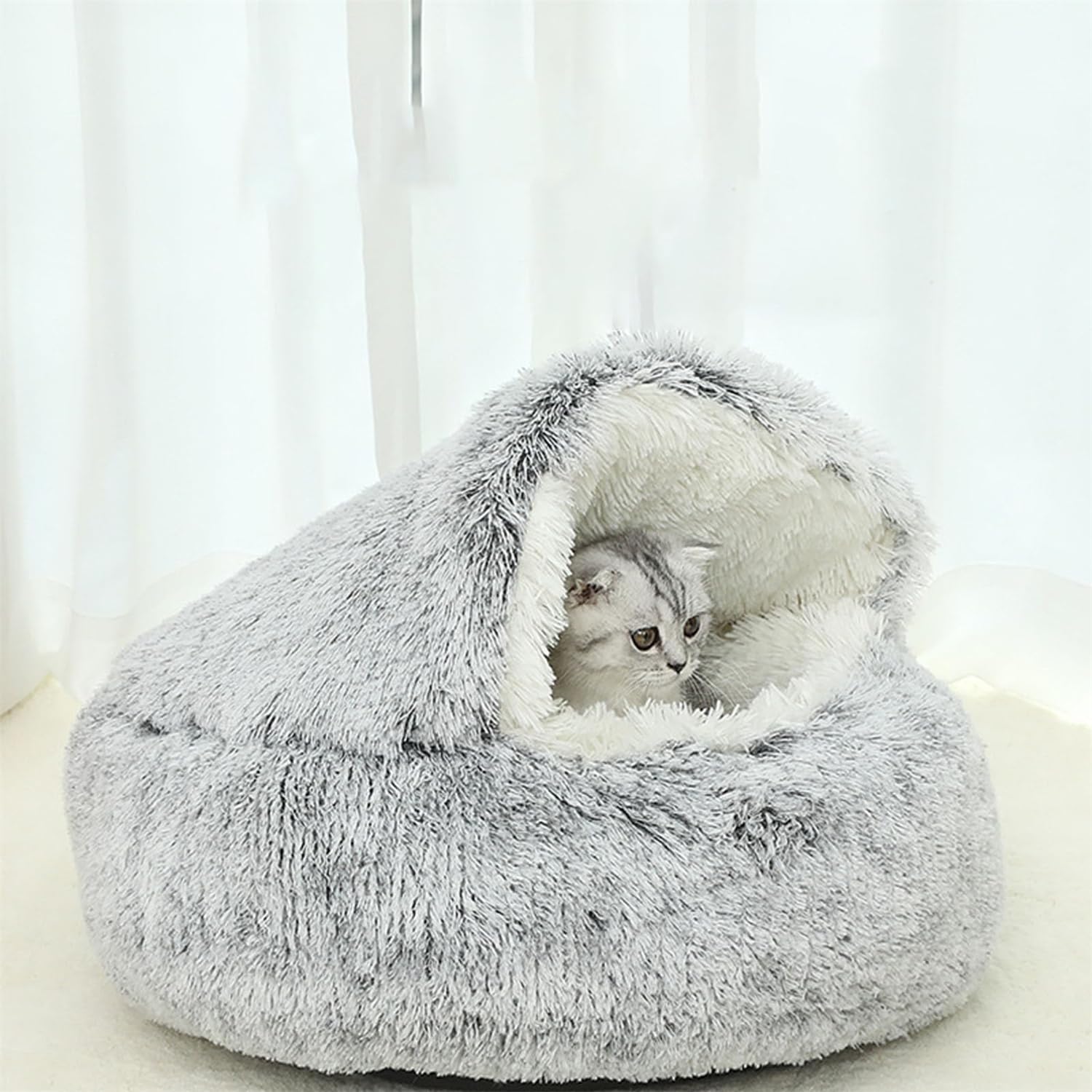 Lapcatz - Cama nido para mascotas, nido cerrado para mascotas, cueva cálida cubierta para gatos, cama para perro, con capucha redonda de felpa esponjosa, 50 cm (café