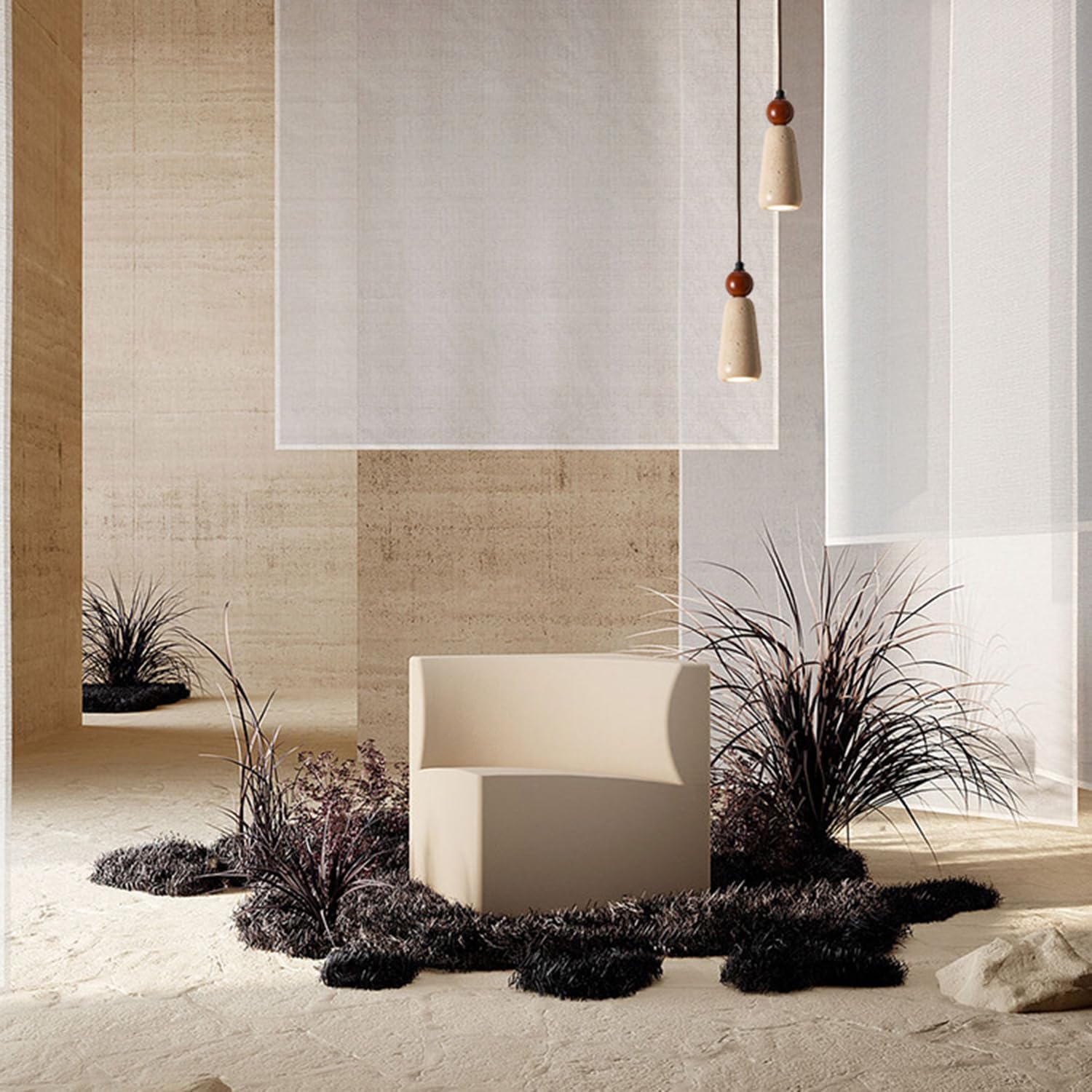 Paralume a sospensione in travertino stile vintage 7,8 pollici Lampada a Base in pietra porosa Apparecchio di illuminazione a soffitto con accenti in legno(Walnut colour)