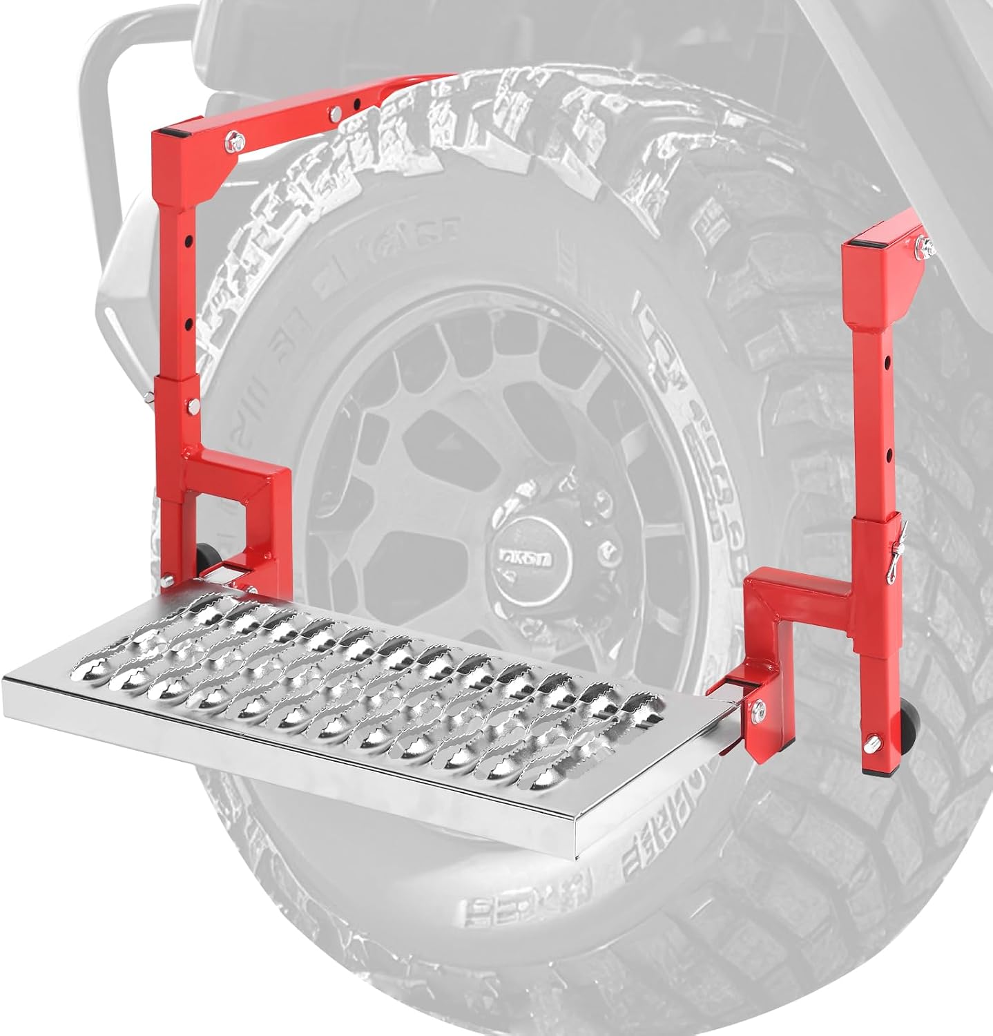 Heavy Duty Folding Tire Step for Truck SUV RV, Adjustable Tire Mounted Step Fits 11”-14.4”, 350 Lbs Load Capacity, Shark Jaw Non-Slip Steel Platform, Universal Fit for Pickup Trucks-Red