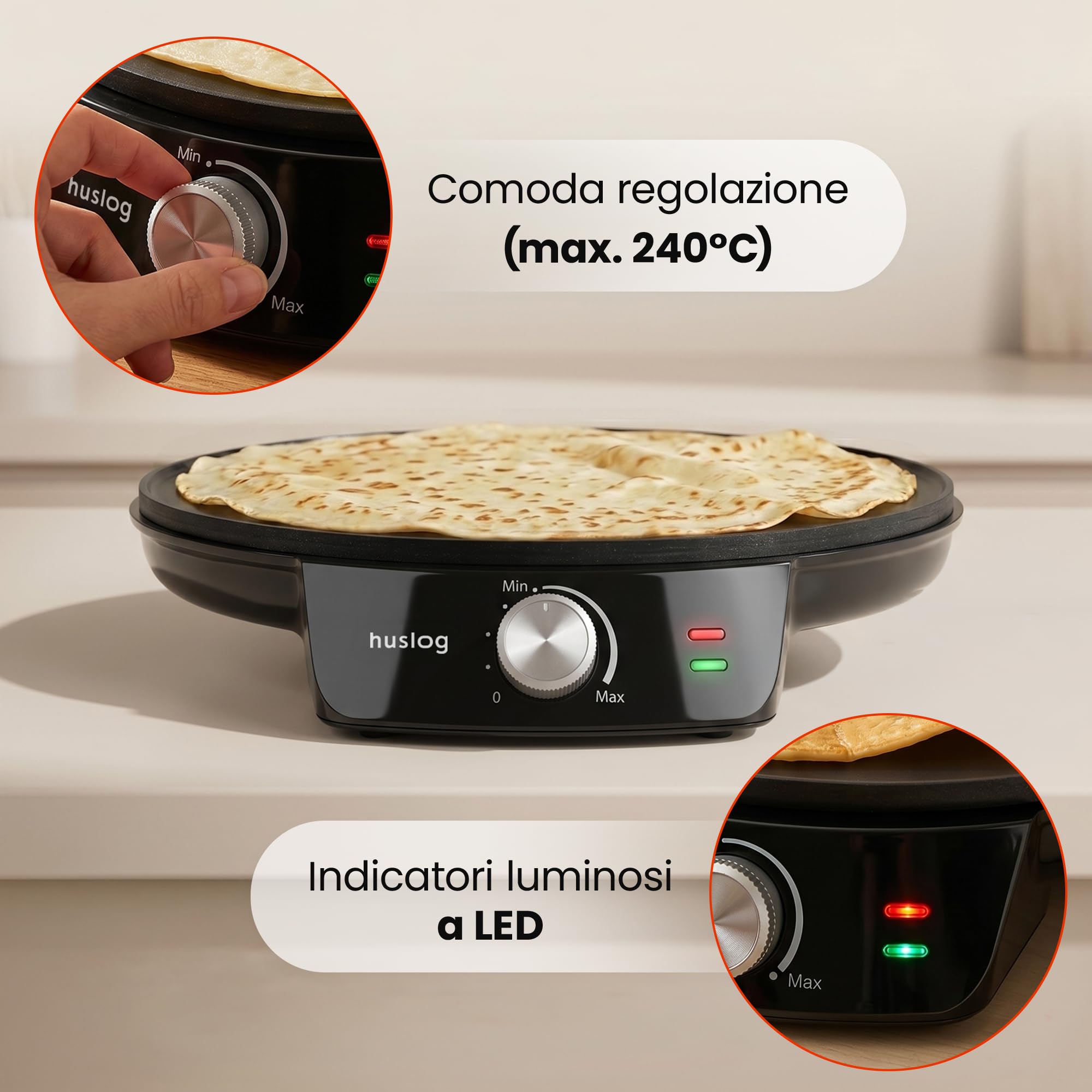 Crepiera Elettrica 1200W, Ø29 cm, Temperatura Regolabile, Piastra Antiaderente con Bordo Rialzato, con Spargitore e Spatola in Legno, per Crêpes, Pancake, Tortilla, Tacos, Nero