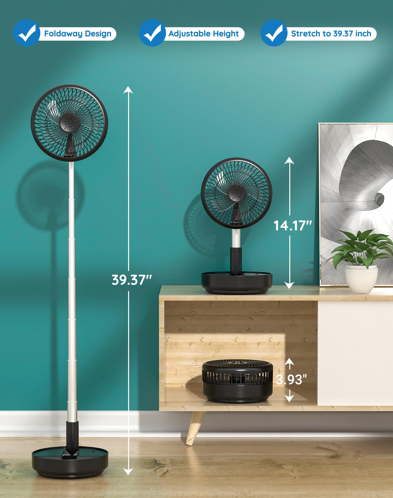 Ventilador de pie oscilante portátil, recargable, funciona con pilas, USB, ventilador de escritorio con control remoto, para dormitorio, campamento, viajes, color negro, 7.7 pulgadas 2