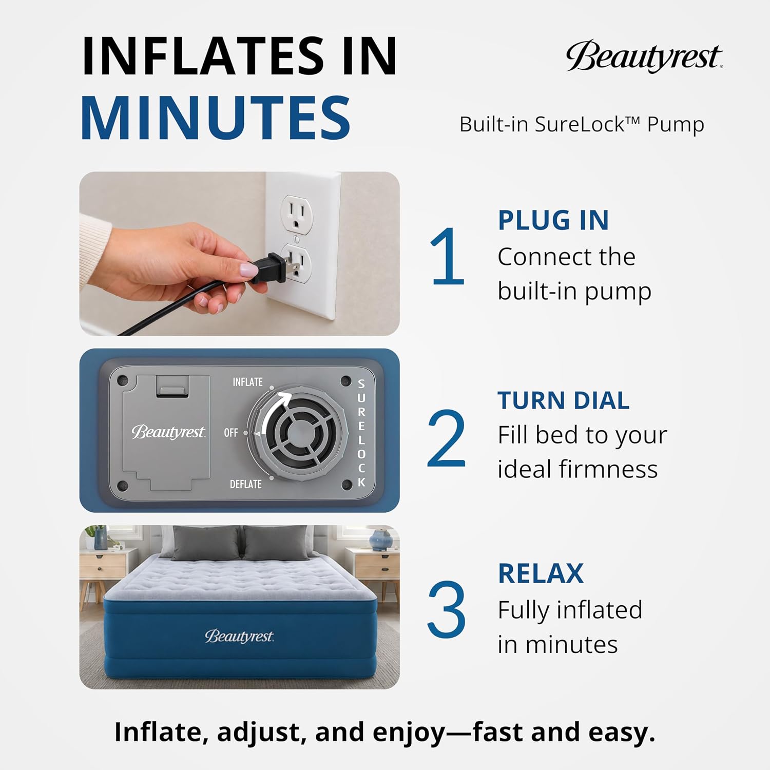 Beautyrest SensAir 20" Air Mattress Twin Size, Sure-Lock Anti-Leak Pump, Cool Vent Topper, Off-Set Coil Support