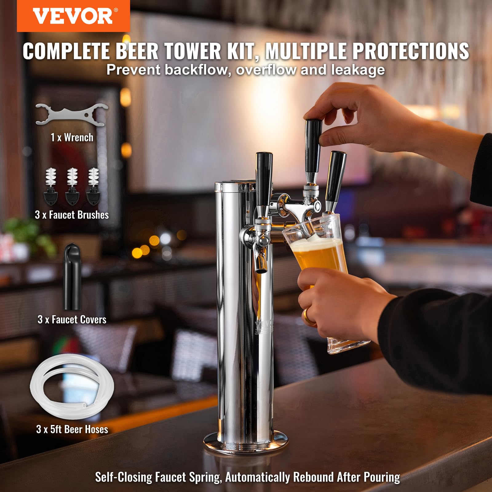 VEVOR Dispenser per Torre Spillatore Birra alla Spina Triplo Rubinetto in Acciaio Inossidabile, Tubi Preassemblati e Canne per Rubinetti a Chiusura Automatica per Feste, Bar, Pub, Ristoranti