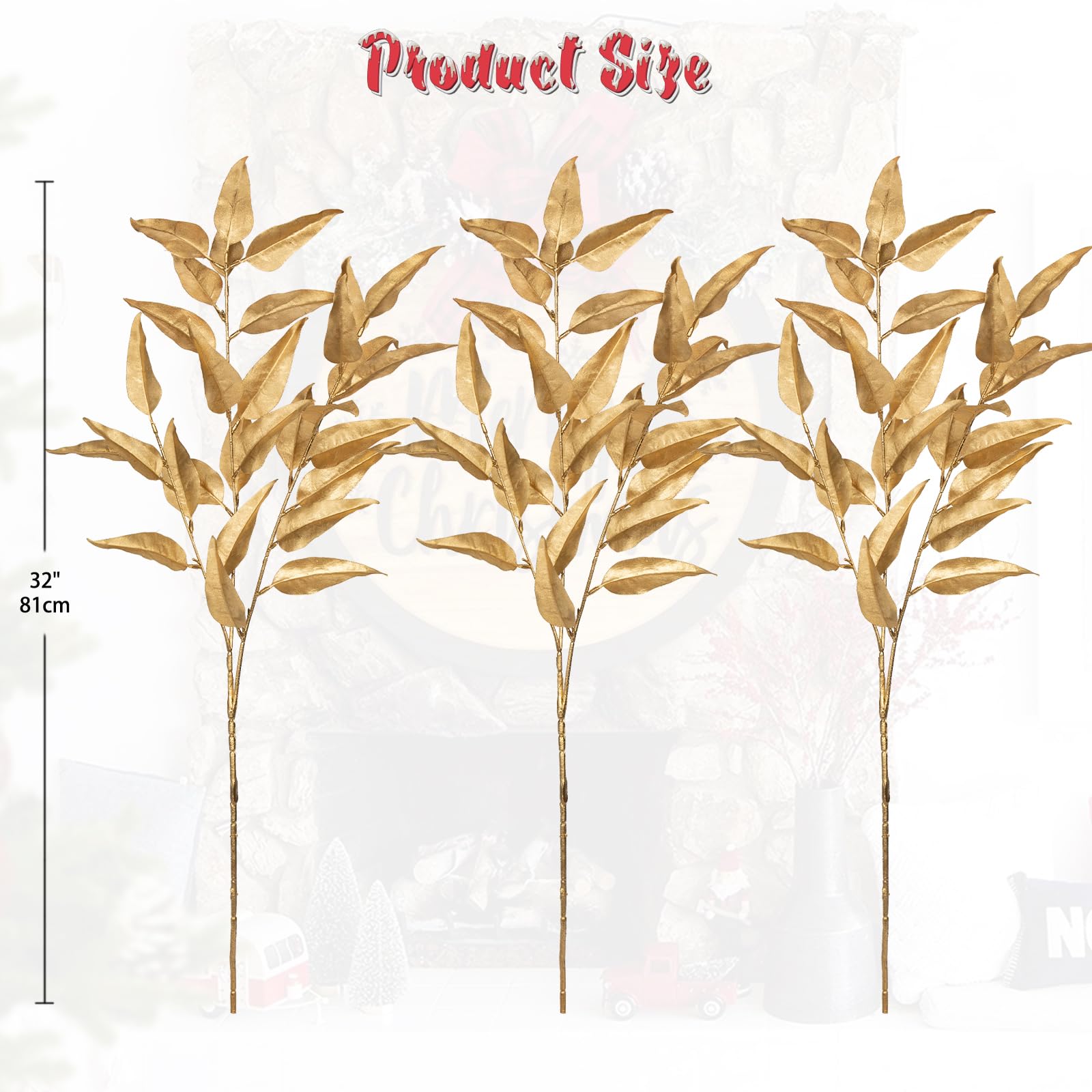 Oairse 3 Pcs Gold Eucalyptus Plants 81cm Artificial Eucalyptus Leaves Stems Faux Eucalyptus Foliage for Christmas Tree Decorations Floral Arrangement New Year Wedding Bouquet Centerpieces Xmas Decor - Image 2