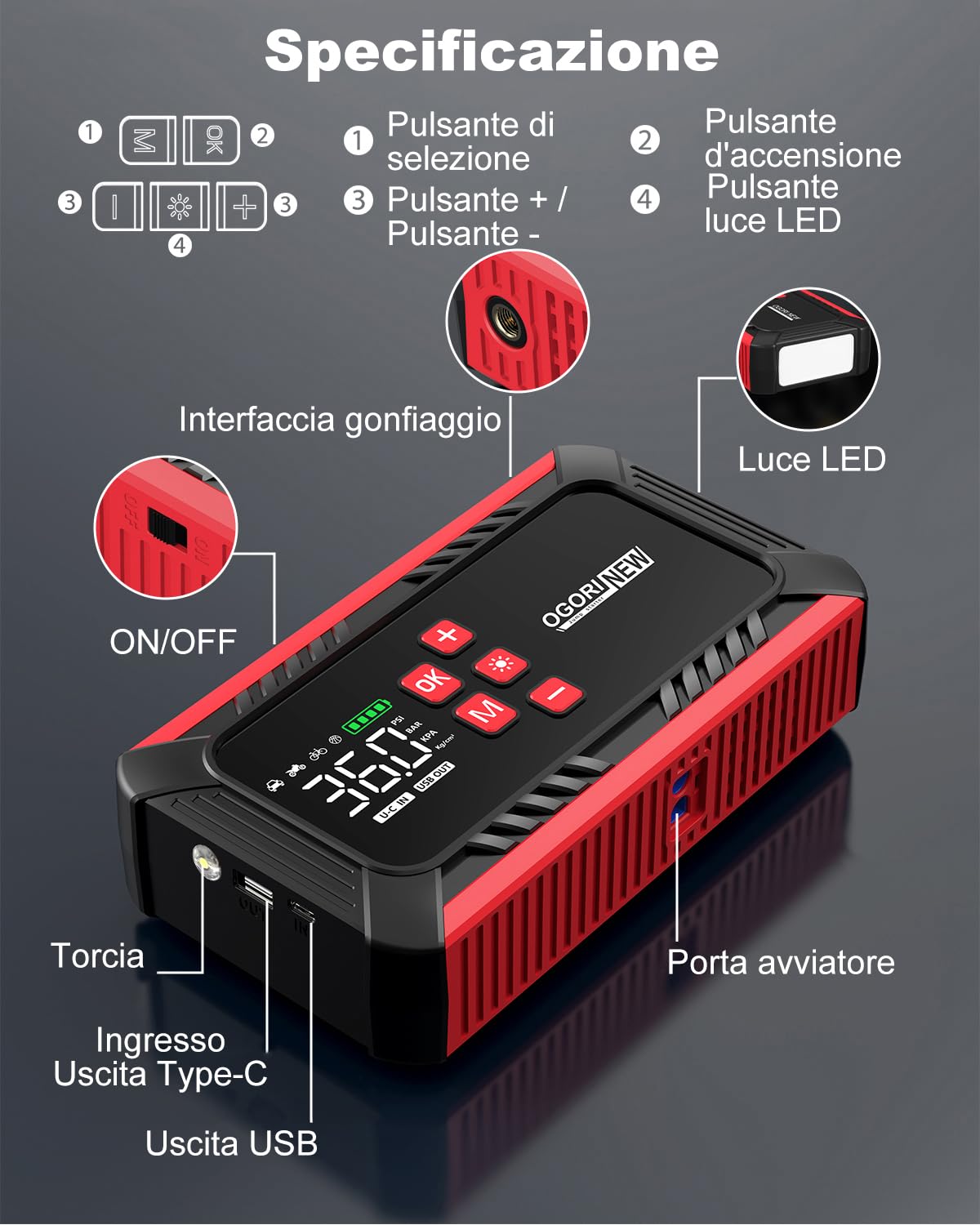 Booster Avviamento Auto con Compressore,Avviatore Batteria Auto 7000A,12V Starter Batteria Auto (8.0L Diesel/10.0L Benzina),Booster Batteria Auto Portatile con Torcia a LED, Display LCD