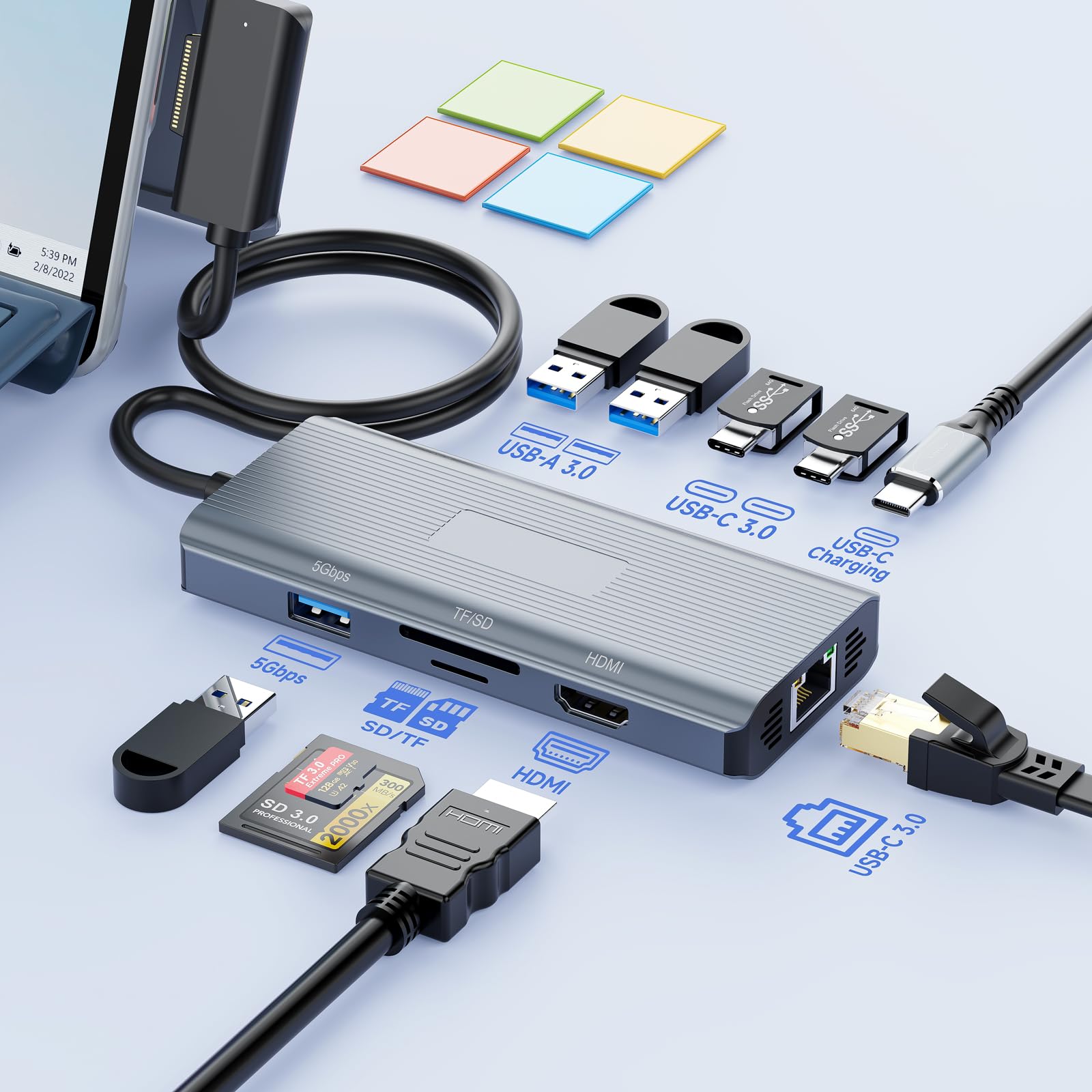 10 in 1 Microsoft Surface Docking Station with Charge-Surface Dock with HDMI Ethernet SD/TF Slot 3*USB 3.0+2*USB C 3.0+1*USB C PD,Docking Station for Surface Pro 11/10/9/8/X/7/6/5, Surface Laptop/Book