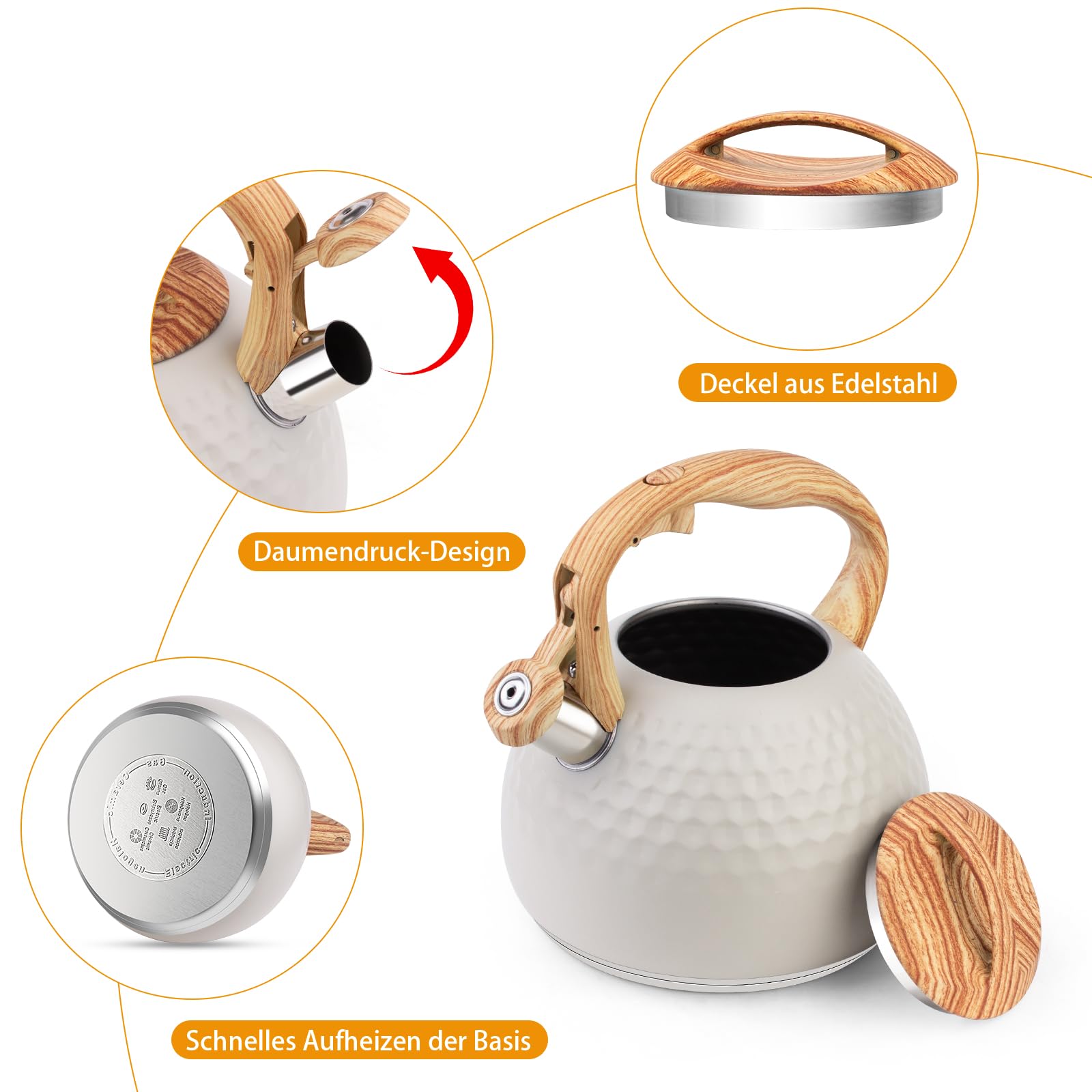 Bollitore moderno da 3 l, a induzione, in acciaio inox, per tutti i piani cottura, bollitore a fischio con manico in vena di legno, bollitore per tè caffè, beige