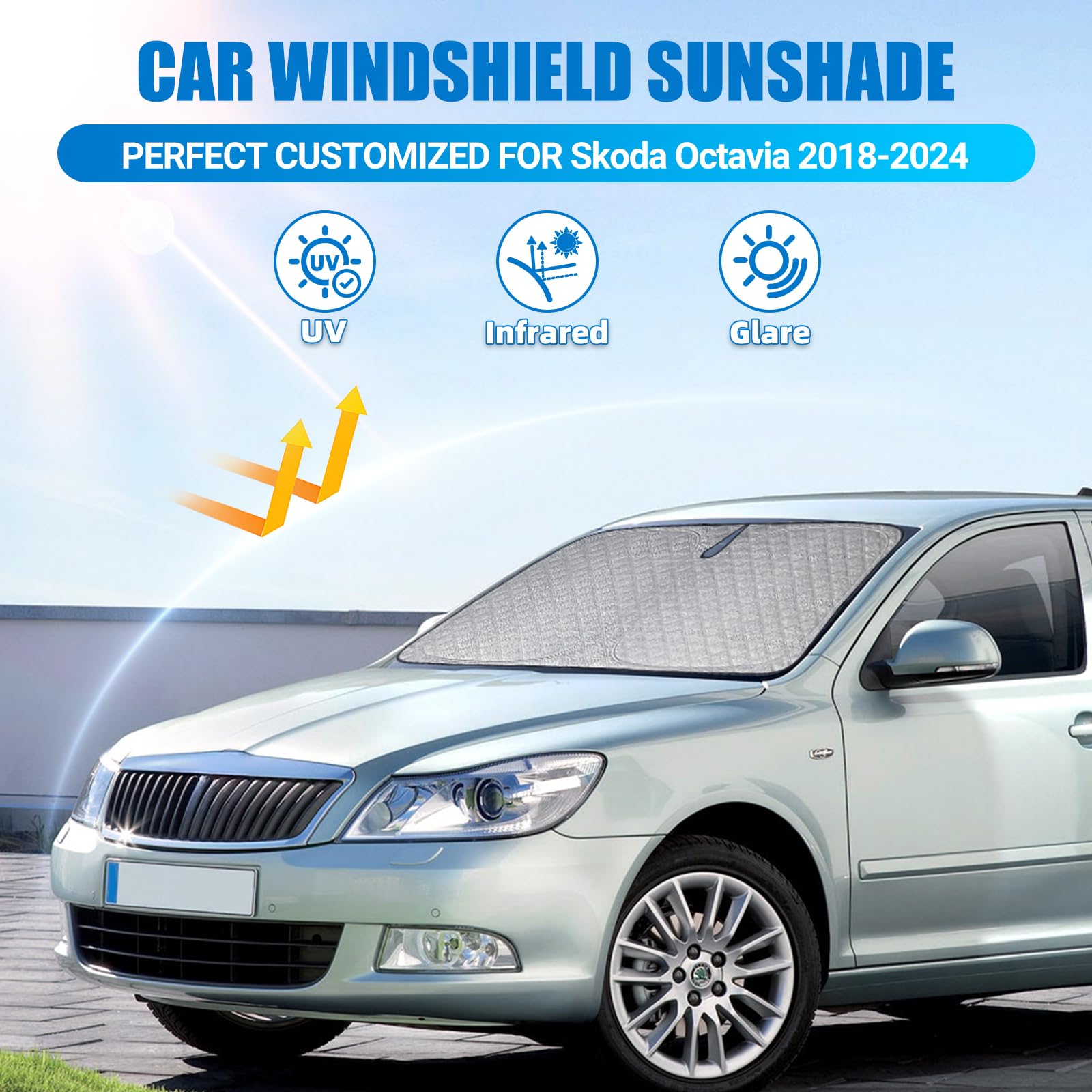 XCBYT Sonnenschutz Auto Frontscheibe für Skoda Octavia 2018-2024, Verdickt Sonnenblende Frontscheibenabdeckung, Faltbare Windschutzscheibe Abdeckung, UV-Schutz