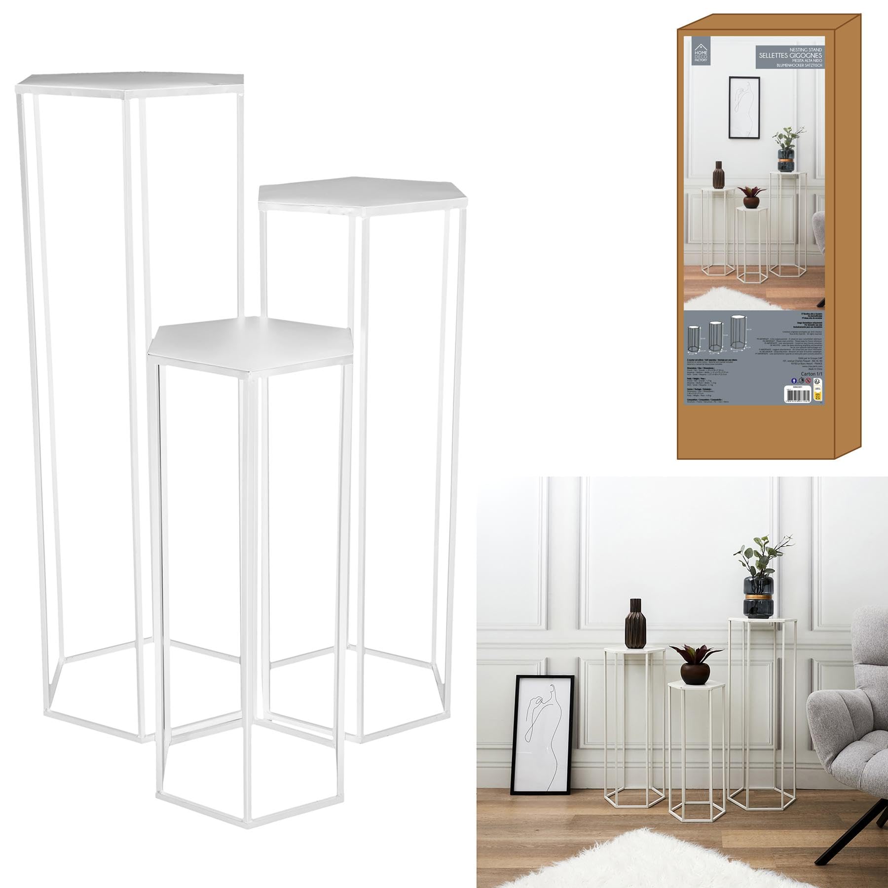 HOME DECO FACTORY Gigogne X3 Metal Blanc Mobilier Tavolo Scrivania Consolle Sellette Mobile Ine, 60x30x26 cm