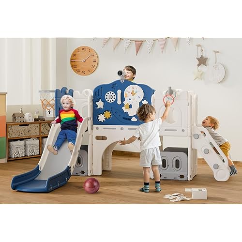 BIERUM 12 in 1 Toddler Slide, Astronaut Themed Baby Slide for Toddlers Aged 1-3, with Astronaut, Moon, Cloud, Star, Phone Call Design, Basketball Hoop and Ring Toss, Toddler Playset Blue Gray Combo