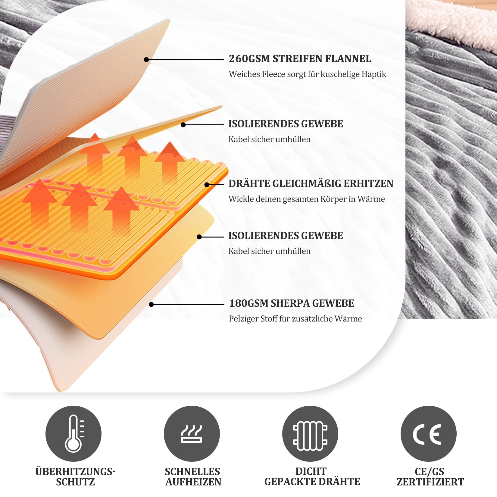 YDW Manta eléctrica con apagado automático, 200 x 180 cm, manta eléctrica, para cama, protección contra sobrecalentamiento, lavable, color gris