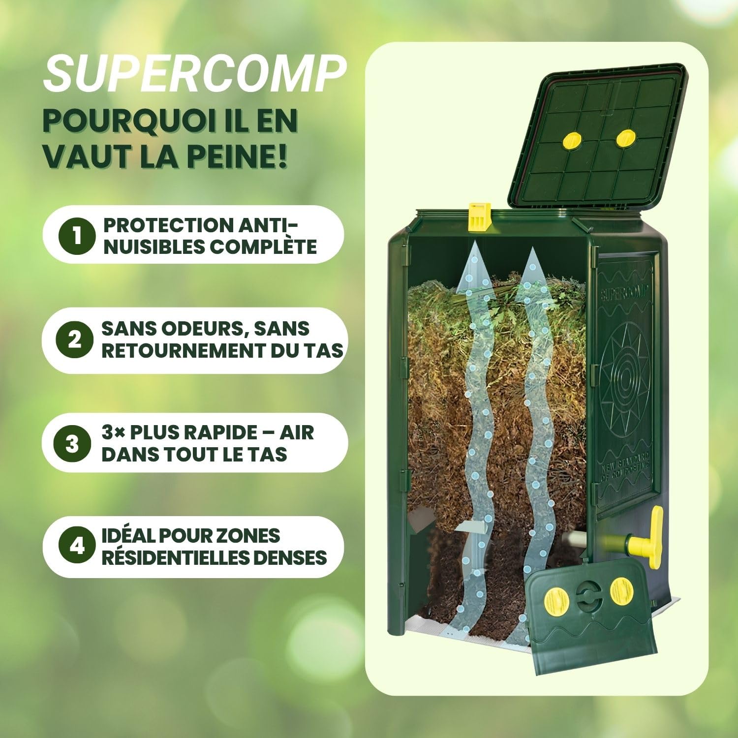 Composteur de Jardin Premium 350L – Protection Totale Anti Rat- Anti Rongeurs, sans Odeurs, Aération Verticale, Résistant aux UV et au Gel, Plateau de Base Inclus