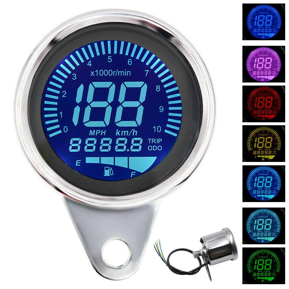 Motorbike Speedometer Universal, Motorcycle Multi-function Metre Tachometer Odometer Fuel Gauge with 7 Background Colors