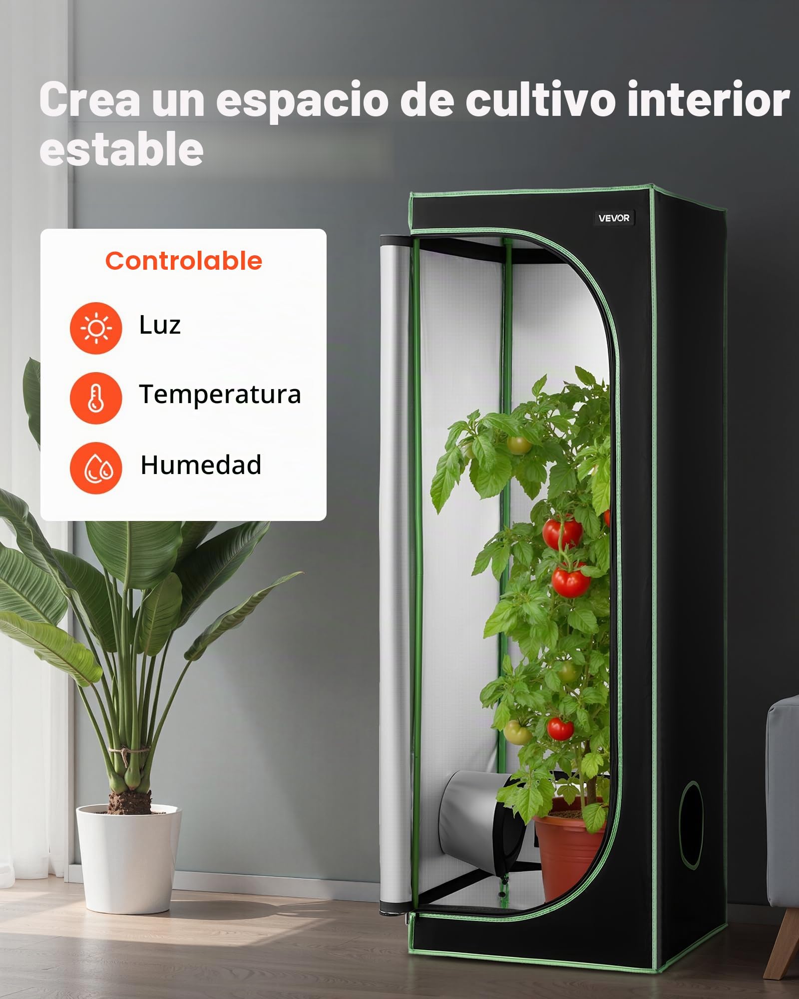 VEVOR Armario de Cultivo Interior 60x60x180 cm, Carpa de Cultivo con Ventana de Observación, Bandeja de Suelo y Cremallera, Mylar 600D de Alta Reflectancia, Tienda para Plantas, Flores, Verduras