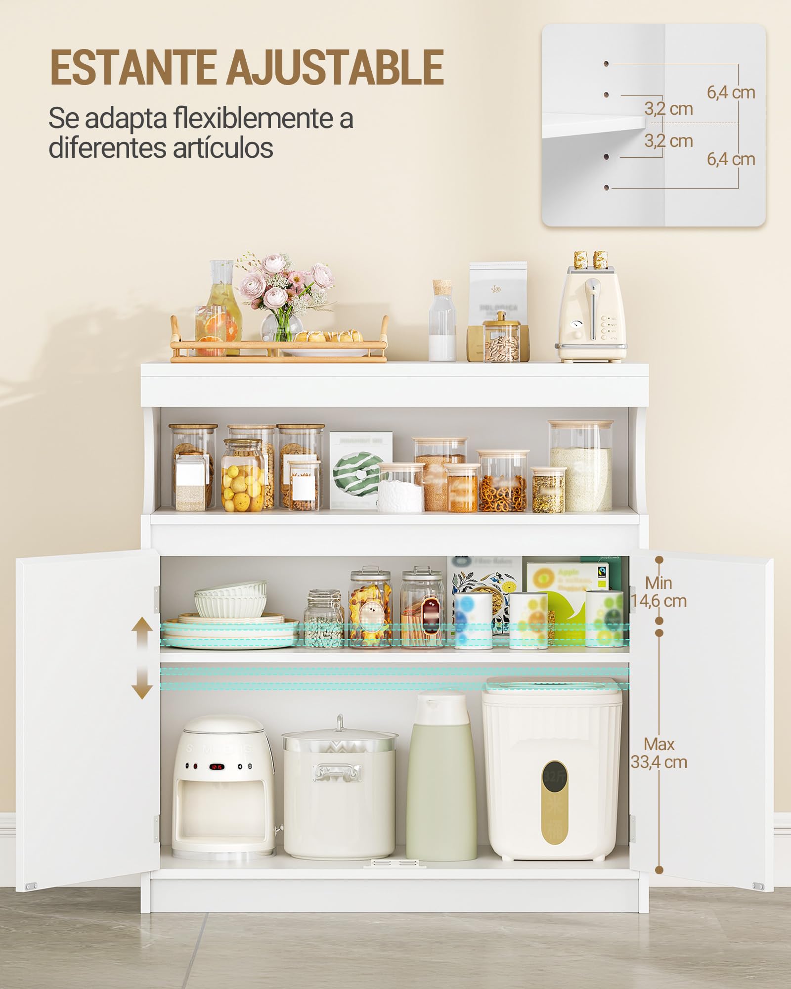 Hzuaneri Aparador, Armario de Cocina, 2 Puertas, 40 x 80 x 85 cm, Blanco | Sección de Buffet Abierta, Estantes Ajustables, Armario de Almacenamiento, Estilo Moderno, Apto para Cocina, Salón, SC80003X