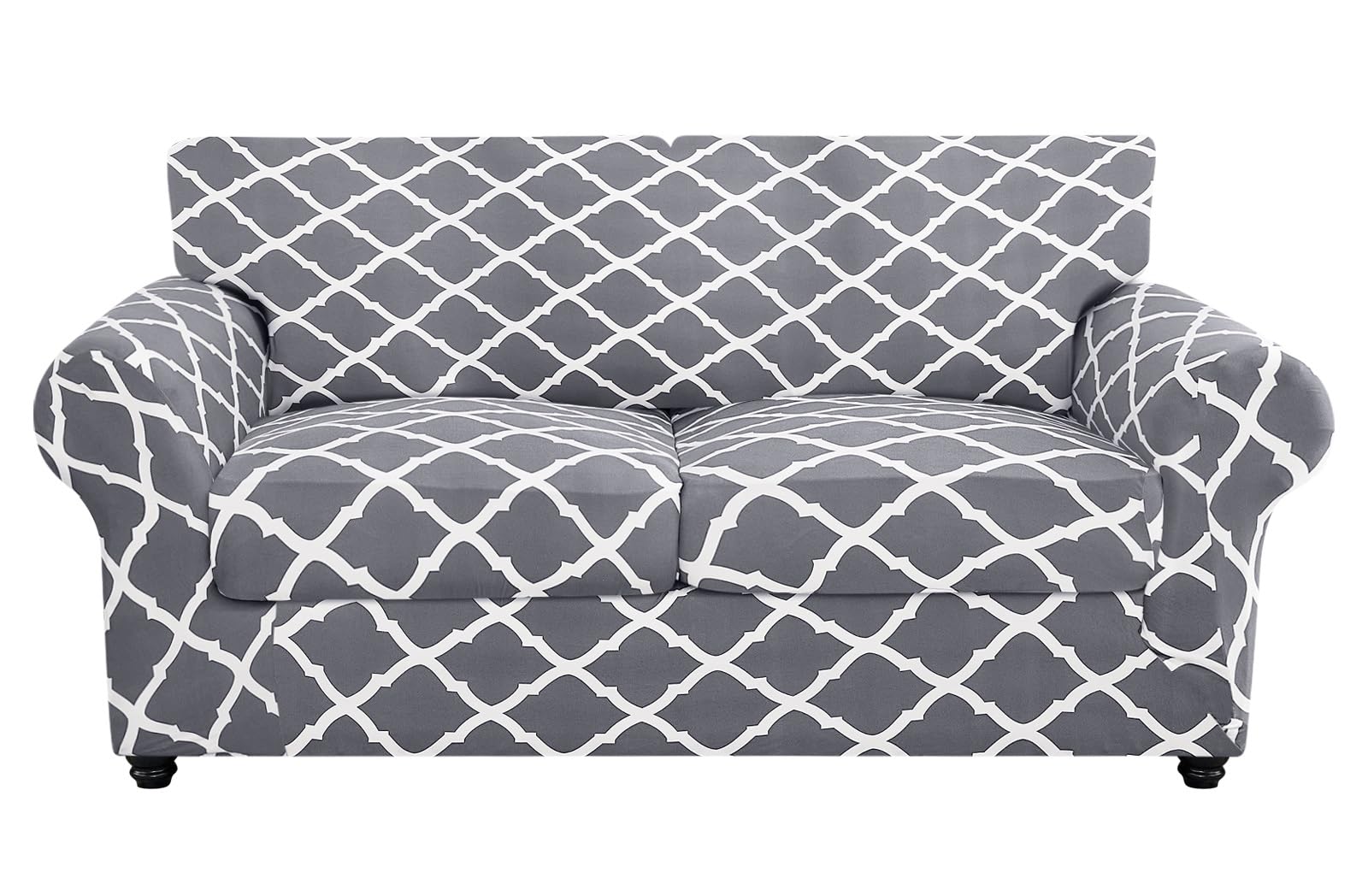searchi stretch sofa cover printed couch cover, floral pattern 3 pieces loveseat slipcover with 2 separate cushion cover, washable furniture protector for living room(loveseat, gray+white)