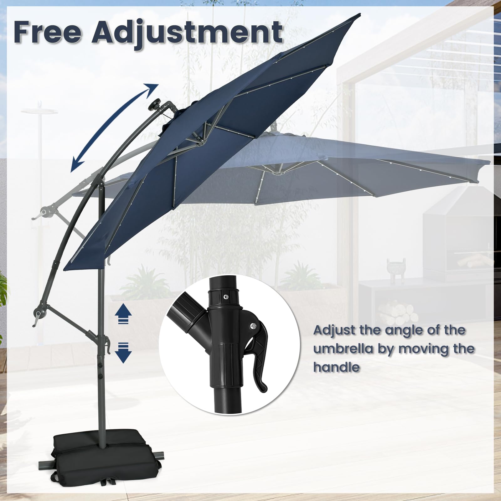 KOMFOTTEU Parasol przeciwsłoneczny LED o średnicy 300 cm, parasol przeciwsłoneczny z workami na piasek i korbą, parasol ogrodowy, składany z możliwością pochylenia, parasol tarasowy z ochroną przed