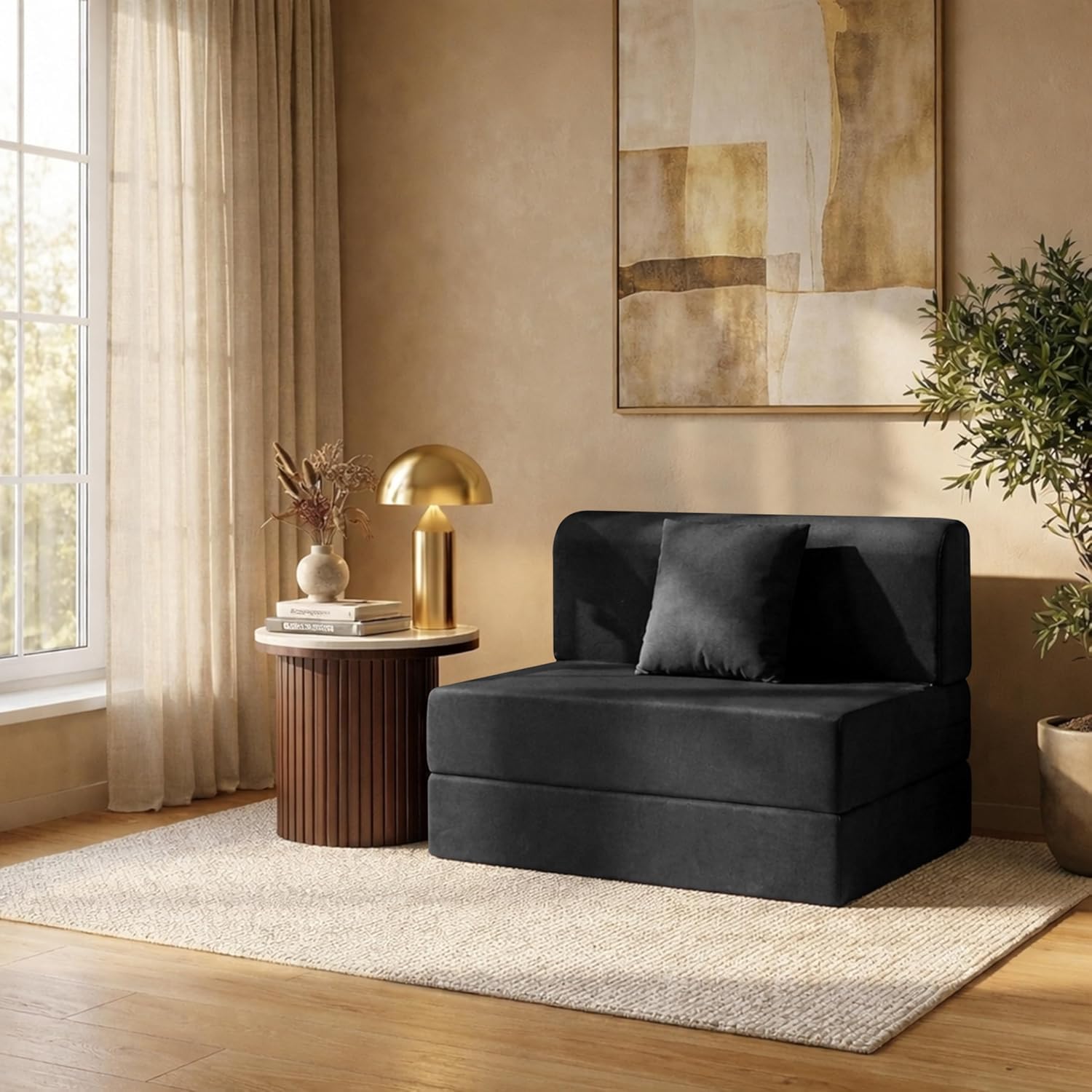 Rosebell One Seater Foldable Sofa Cum Bed (3x6 Feet) ? Jute Fabric Washable Removable Cover, Includes Cushion | Space Saving Sofa Bed for Home, Office & Guests - Black Color